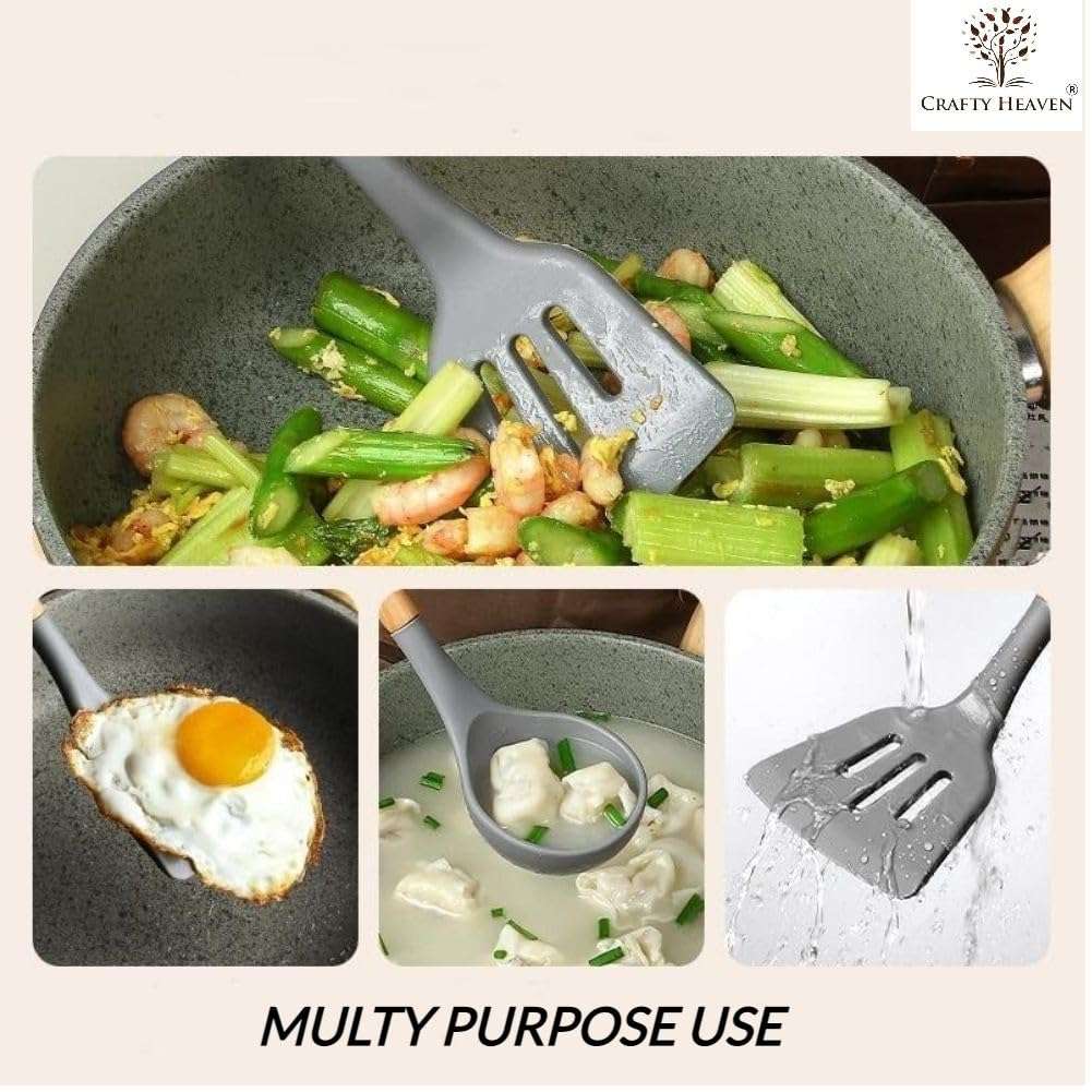 Crafty Heaven Wooden Handle Silicone Spatula Set for Kitchen BPA Free Non-Stick Non Toxic Cooking High Heat Resistant Ladles Turner Serving Cooking Spoon Set of 3 (Gray) 6