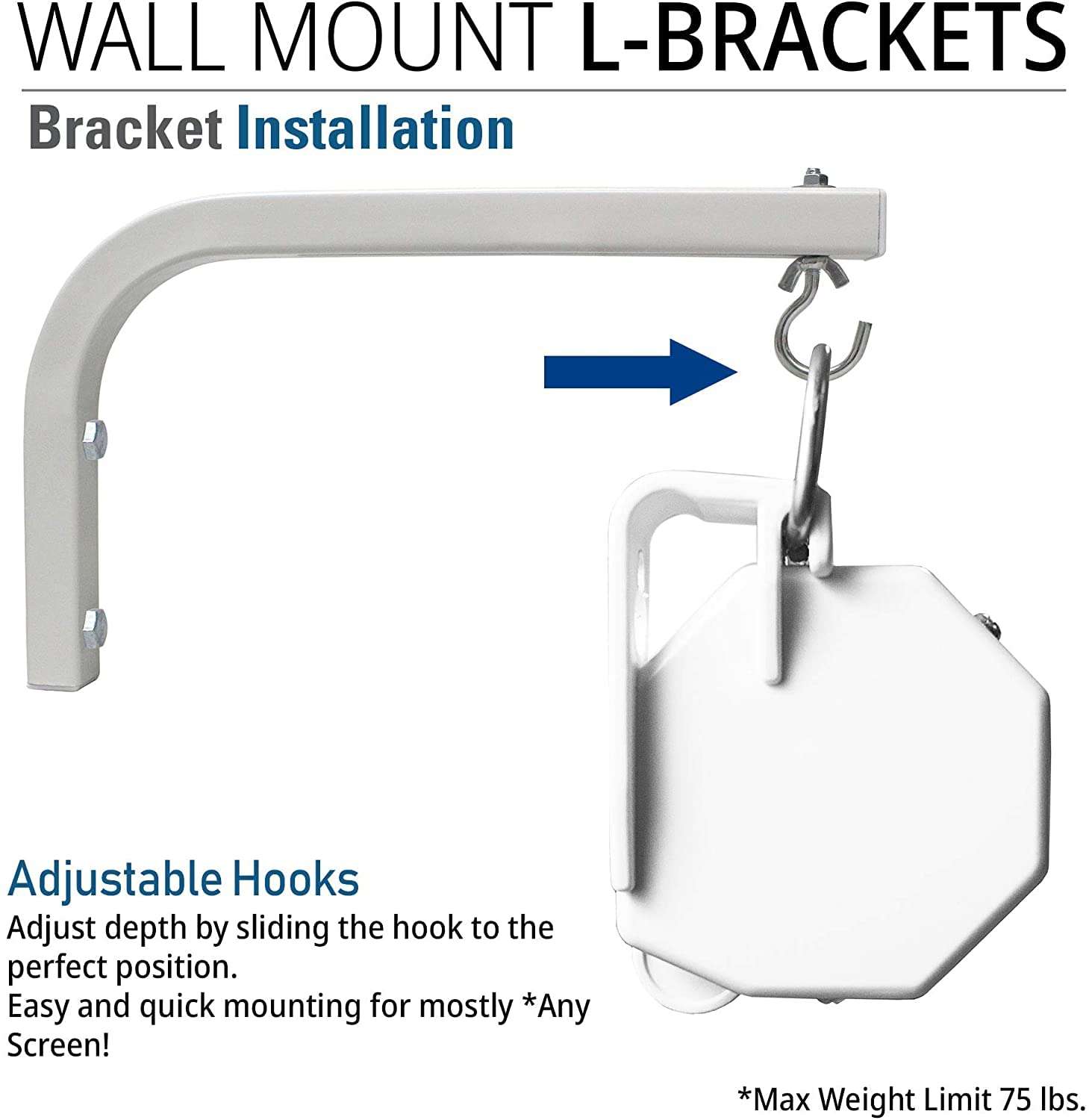 Akia Screens 10 inch Universal Projector Screen L-Bracket Wall Hanging Mount Kit 10" Adjustable Extension with Hook for Projector Screen Indoor Outdoor Movie Video Home Theater, White, AK-ZLB10W 2