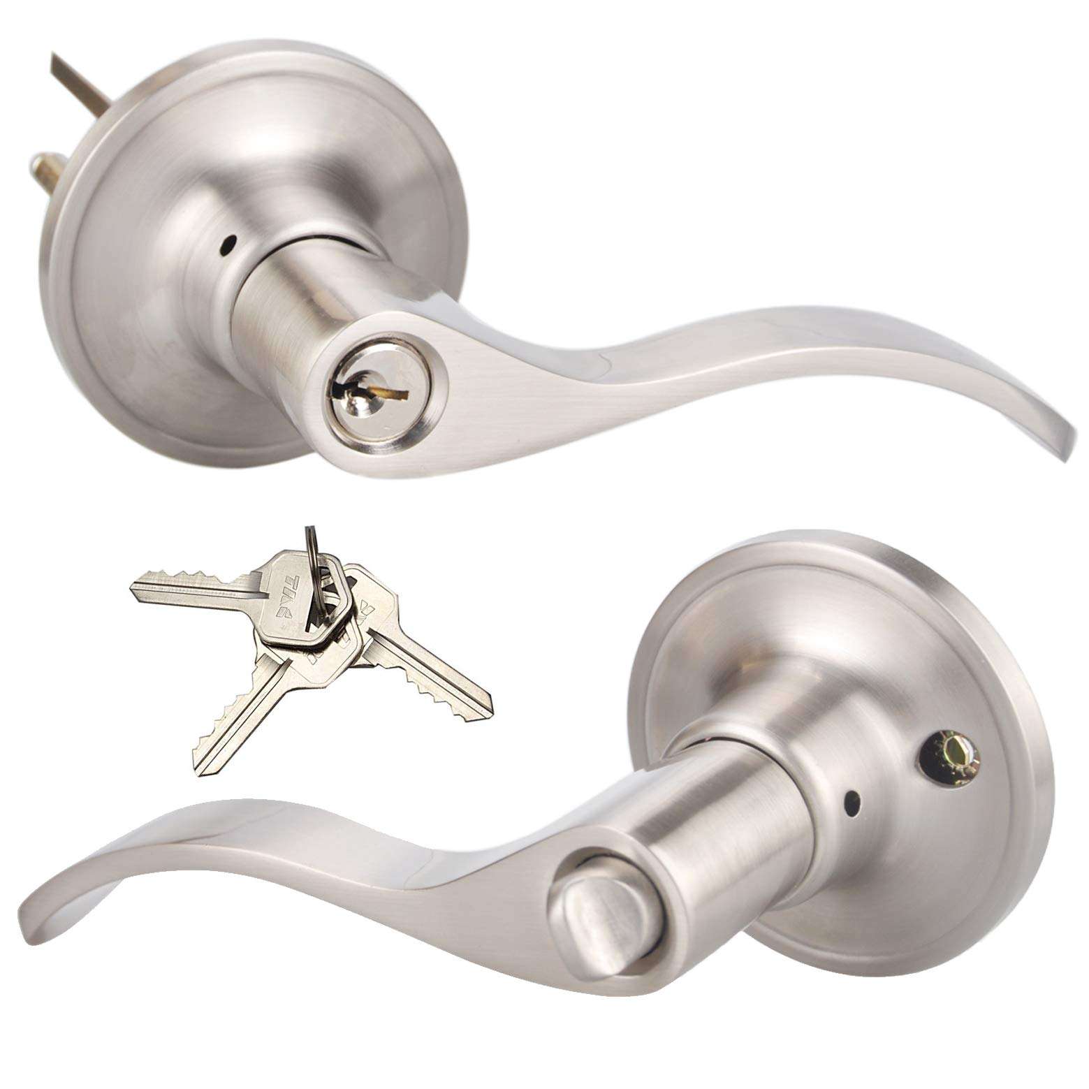 Wave Handle Single Cylinder Keyed Entry Door Lever Lock for Exterior Door with Lock and Key, Reversible for Right & Left Side (Entry- TL001, Satin Nickel) 1