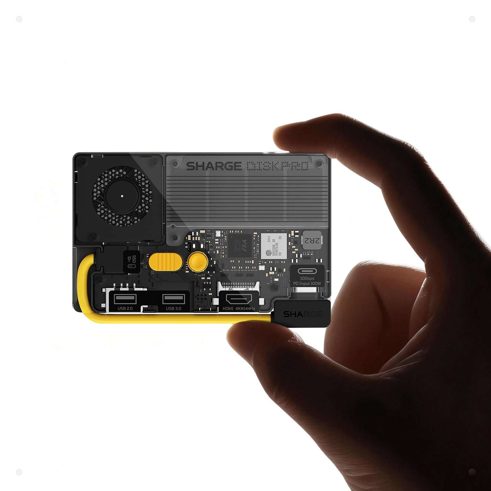 sharge Disk Pro 4TB Portable SSD with Active-Cooling Fan, 4-Port Hub with HDMI 2.1, 10 Gbps Built-in Cable, Magnetic External Solid State Drive for MacBook, PC and More-Yellow 1