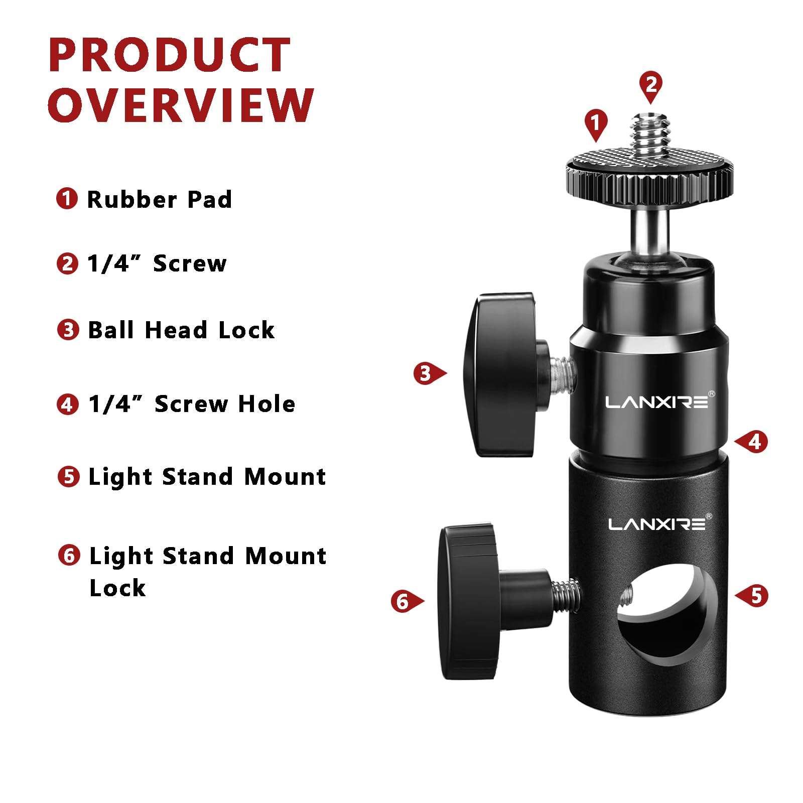 Lanxire Light Stand Mount Adapter with 1/4’’ Screw Mini Ball Head - Compatible with Camera Monitor, Ring Light, Fits Flat Head Light Stand, Boom Arm - Max Load up to 4.4lb/2kg 6