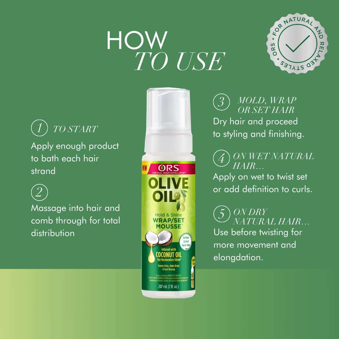 ORS Olive Oil Hold & Shine Wrap Set Mousse Infused with Coconut Oil for Restorative Shine - Olive Oil Curlshow Nourish & Grow* Hair & Scalp Oil Infused with Avocado Oil & Peppermint - Bundle 6