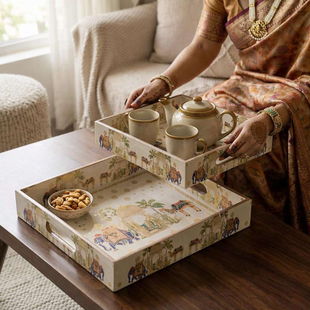 Amimashop® Try Set Serving | Square Wooden Tray, Decorative Serving Tray Set | Wooden Tray Decoration | Serving Trays | Tea Serving Try|Tray Set of 2|Meenakari Tray 12 & 10 Inches 5