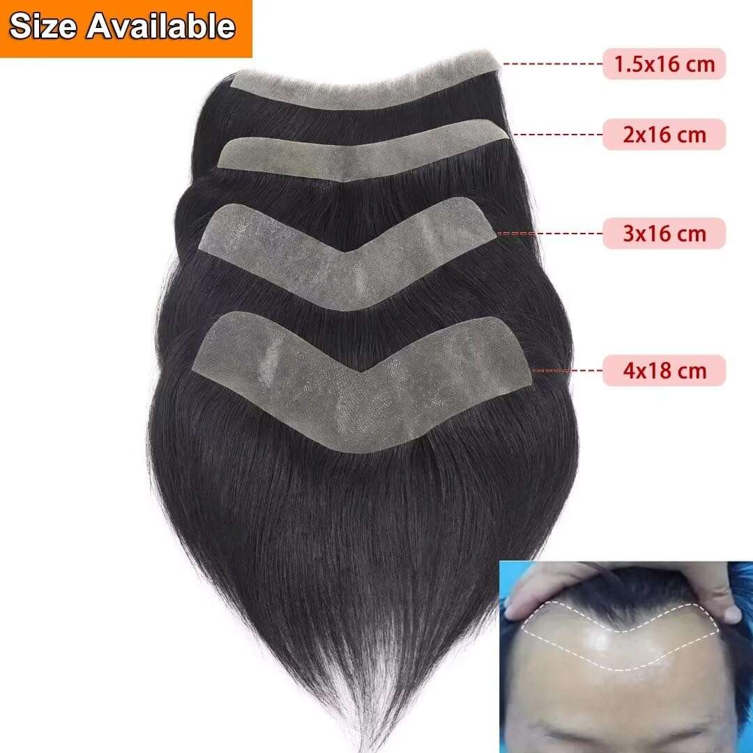 HAPPY&CC Forehead Hairline Toupee for Men High Density Human Hair Skin PU Mens Front Hair Piece V Loop Frontal Hair Topper for Receding Natural Hairline Replacement Systems 1B Black 16x2cm 5