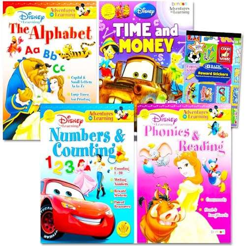 Disney Princess Workbooks Super Set Kindergarten First Grade - Bundle of 4 Workbooks with Reward Stickers Alphabet, Reading, Time, Money, Phonics, and More