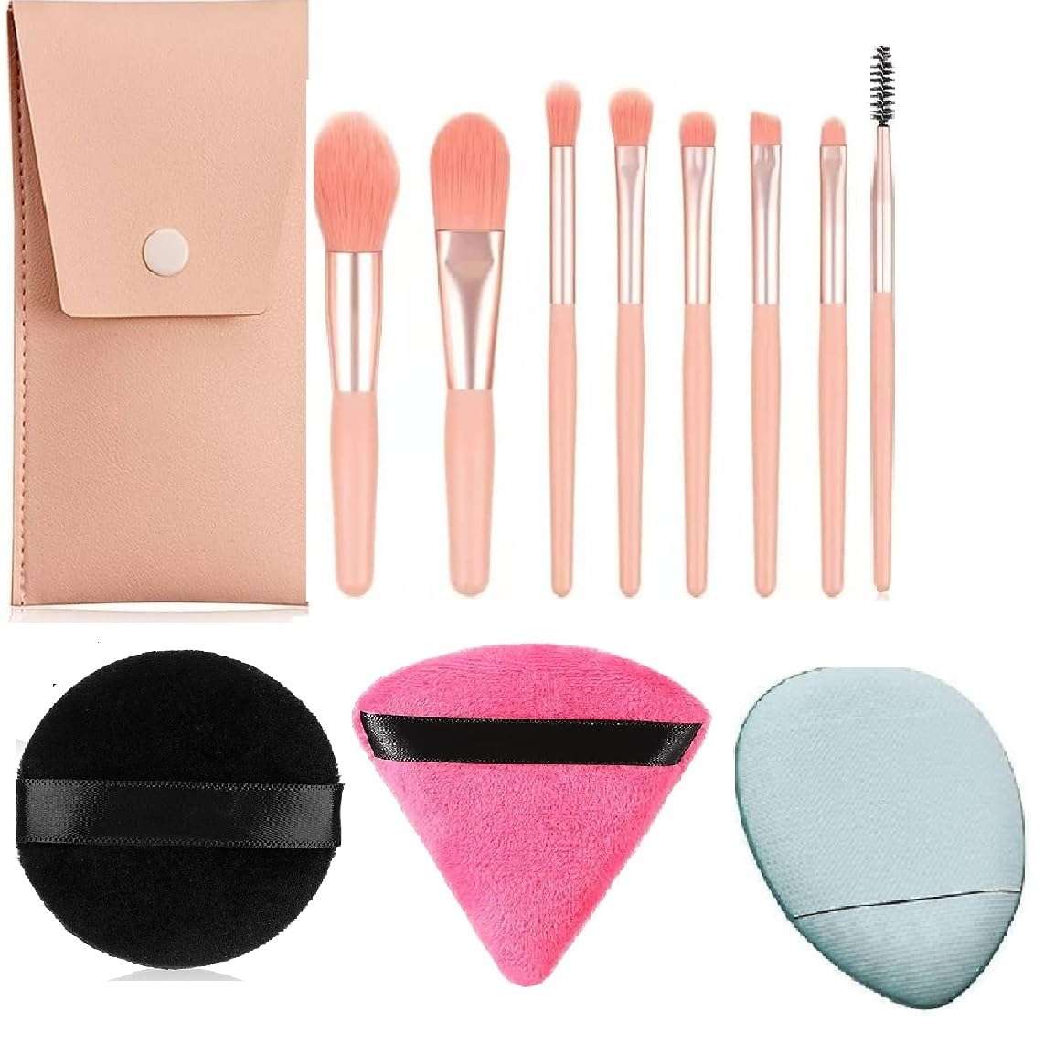 Facejewel 8 Pcs Professional Makeup Brush Set With Pouch 1Pcs(Lite Pink) Round cotton powder puff makeup 1Pcs Makeup Soft Triangle Powder Puff Finger Puff 1pcs Finger Makeup blender Sponge 1