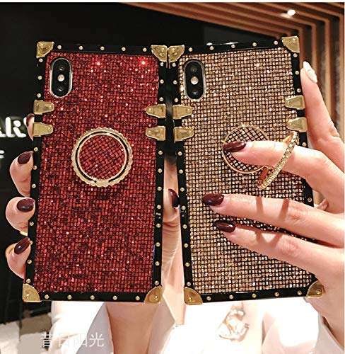 a20s for Samsung Galaxy A20S (not fit A20) Case,Fashion Design Bling Glitter Cute Gold Square Soft TPU Trunk Cover with Finger Ring Grip Kickstand for Man Women Girl Phone Skin,Red 2