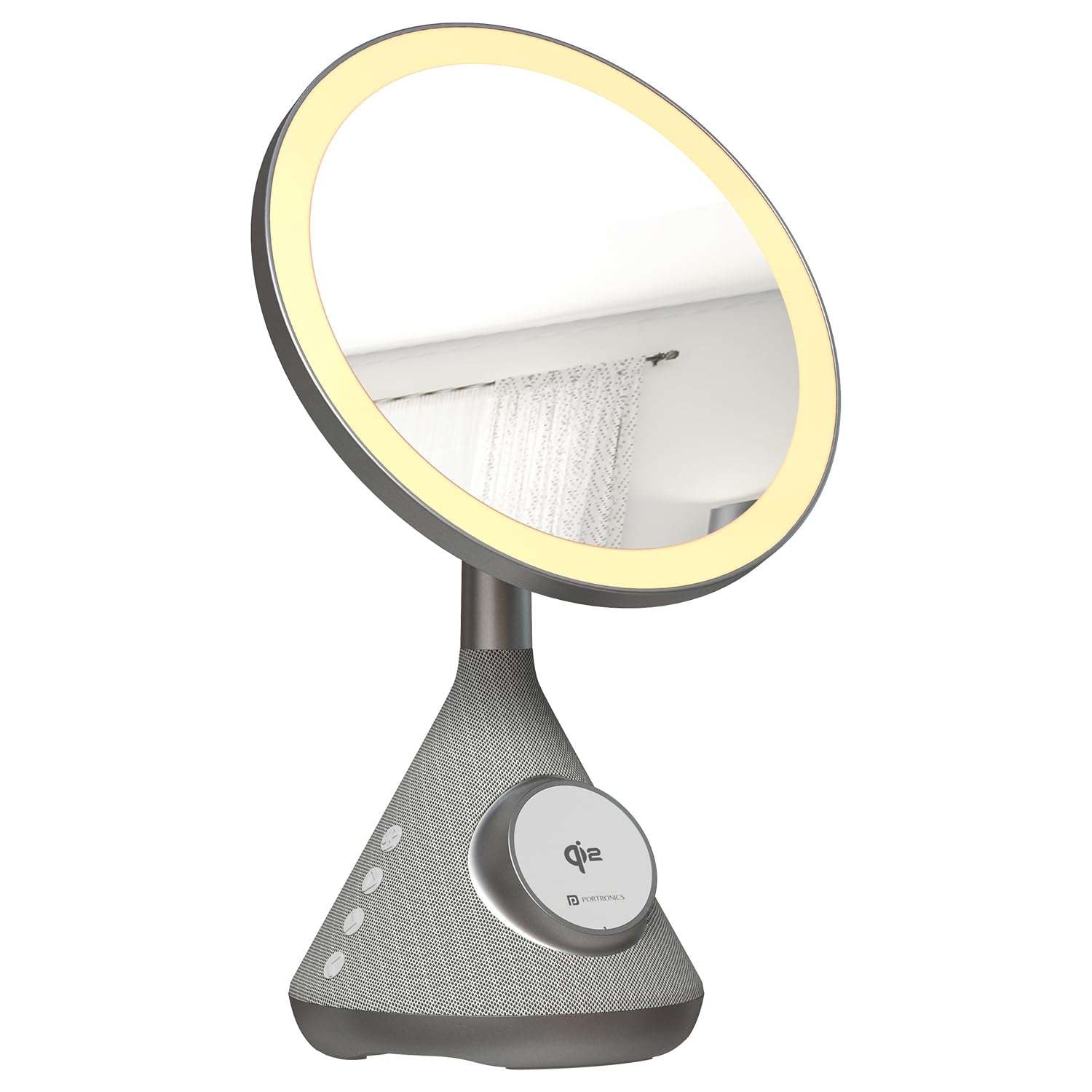 Portronics MOVO 3 in 1 Wireless Charger with 5W Bluetooth Speaker & Makeup Mirror, Qi2 Certified 15W Wireless Charging, 3 LED Lights with Adjustable Intensity, 90° Adjustable Mirror, Type C Input 1