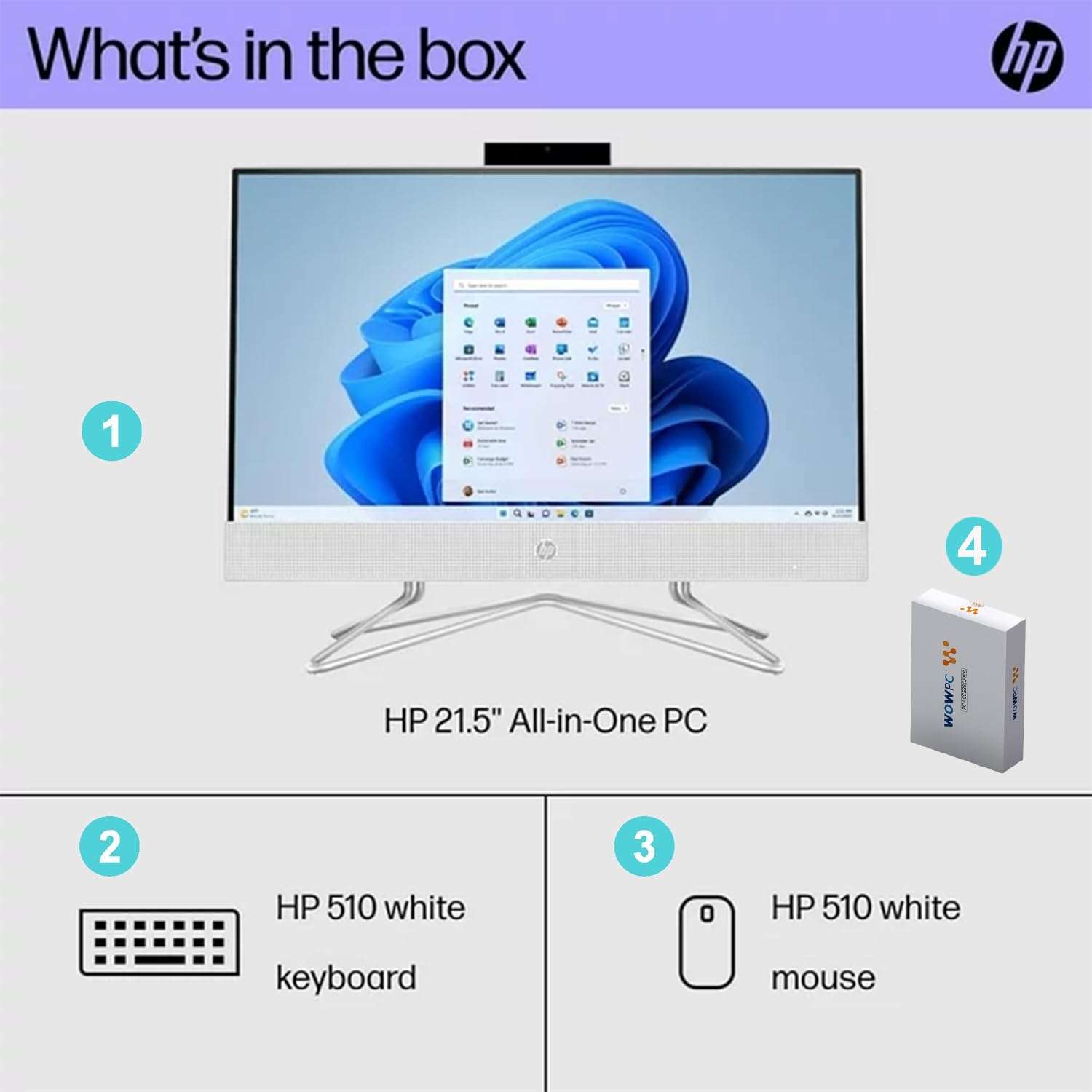 HP 22'' All-in-One Desktop PC • 16GB RAM • 512GB PCIe SSD • FHD Display • Intel Celeron CPU • Microsoft Office Trial • 720p HD Camera • Keyboard & Mouse • Windows 11 Pro • WOWPC Recovery USB 3