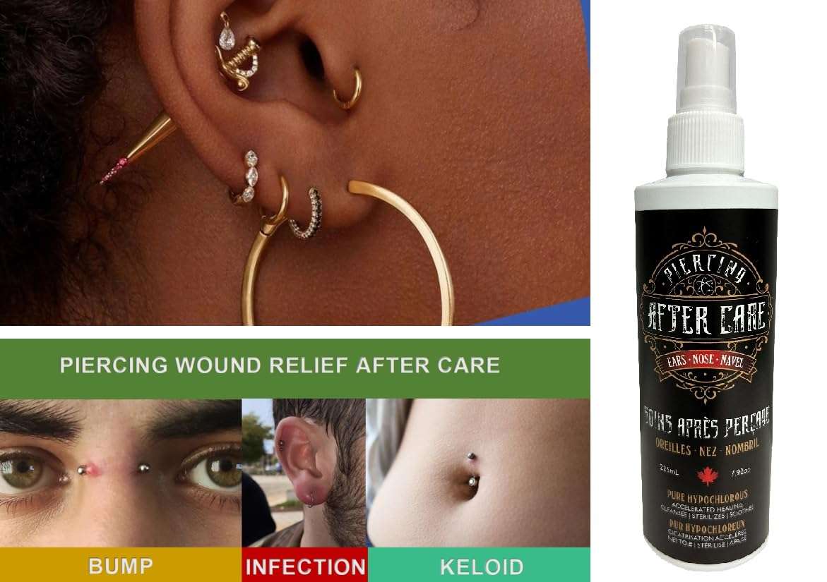 Piercing Aftercare Spray - Ear, Nose, Navel, Belly Button & Body Piercing Cleaner with Hypochlorous Acid - Piercing Aftercare Solution Formula - Ideal Hole Cleaner for Piercings - No Alcohol - 225ml 5