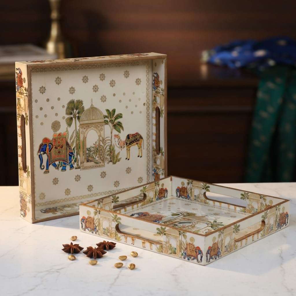 Amimashop® Try Set Serving | Square Wooden Tray, Decorative Serving Tray Set | Wooden Tray Decoration | Serving Trays | Tea Serving Try|Tray Set of 2|Meenakari Tray 12 & 10 Inches 3