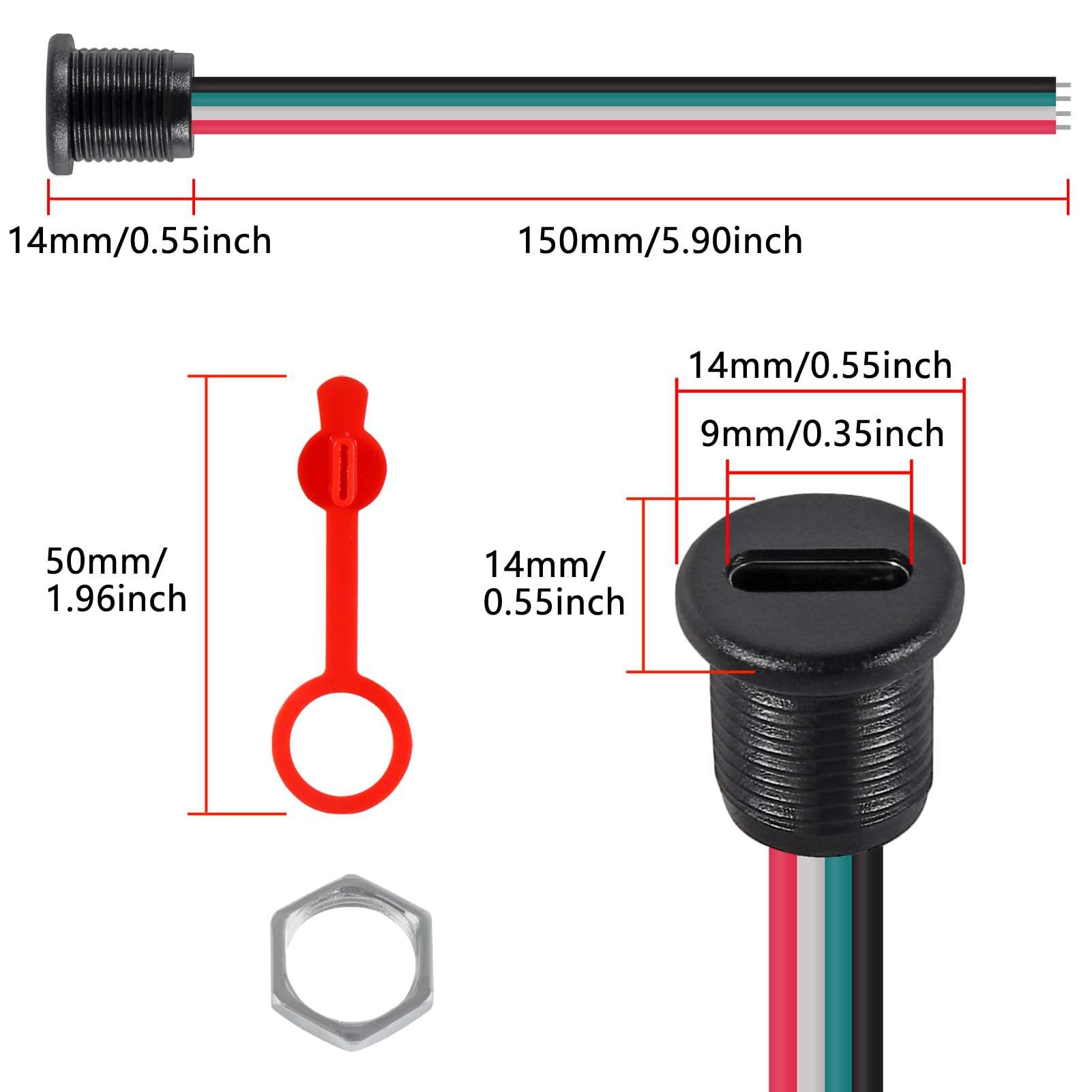 Coliao 10pcs Type-C Female Chassis 4 Pin Type-C Female Socket Connector Waterproof Jack Charging Port 3A USB-C Charger Plug Socket, Round Black 5