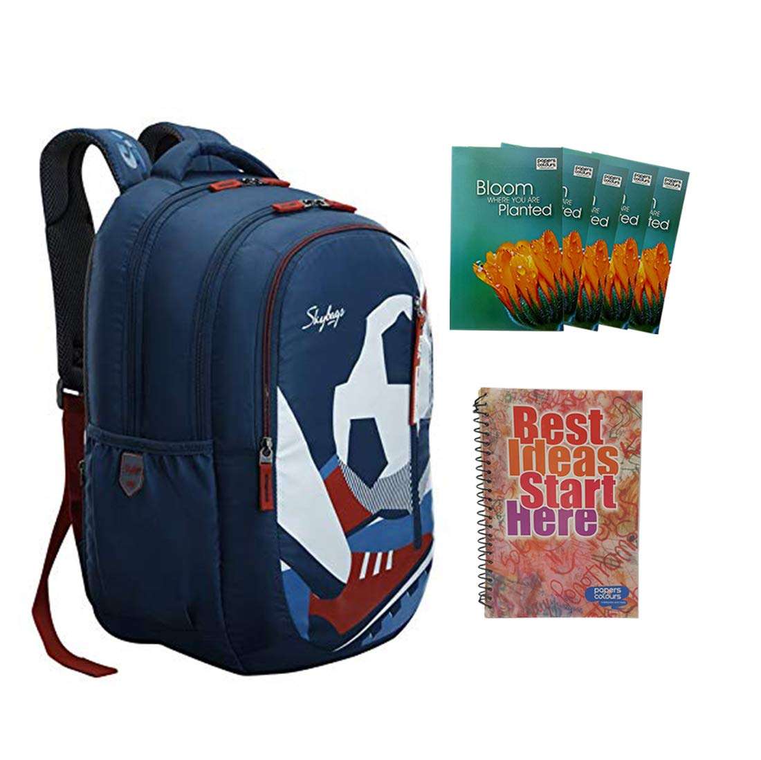 MaBelle ASTRO PLUS 05 SKYBAG Trendy Design 34L School/College Bag Combo with 1 Single Line Spiral Binding 200 Pages Notebook & 5 Register (108 Pages),-01 Set/Secret Pocket, Blue 1