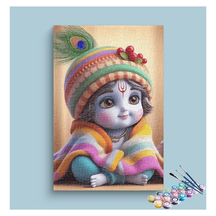 Eazy Arts DIY Cuddly Krishna: Baby Krishna in Colorful Blanket Paint by Numbers Kit Multicolor With Frame 36 Colors|40 X 60 CM