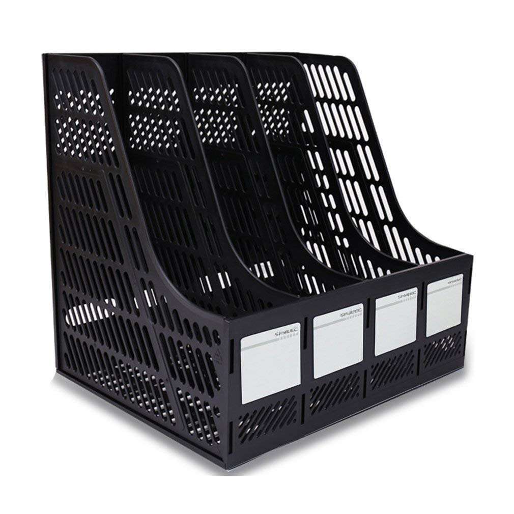 PRANIJ Desktop Magazine Holder Countertop Desk File Organizer 4 Compartments | Plastic Vertical File Dividers Book Holder & Cabinet Document Storage Rack (Black, Step Shelf) 1