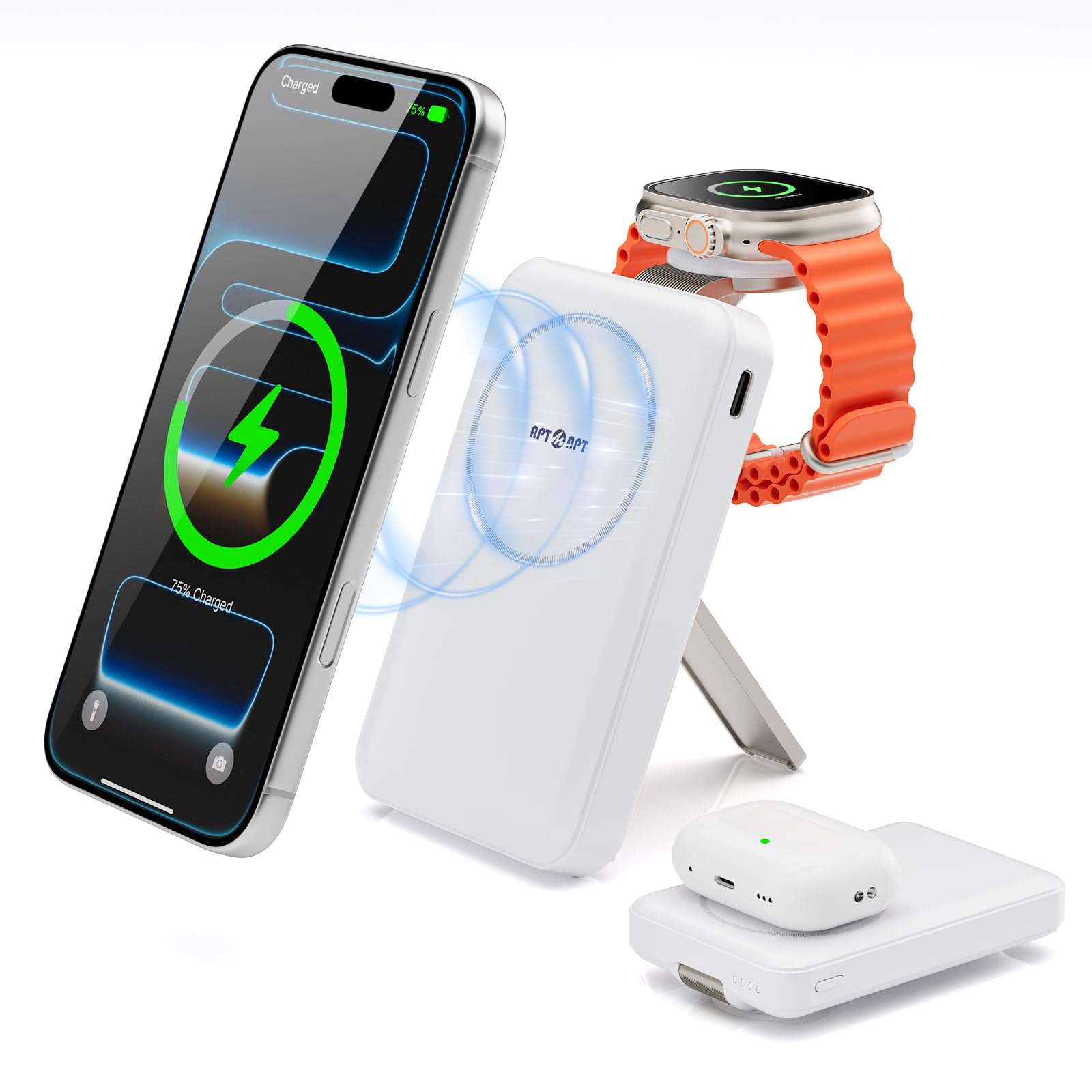 APTMAPT Magnetic Wireless Charger, 20W Fast Charging, MagSafe Charger with Stand, Travel Charging Station for iPhone 17/16/15/14/13/12, iWatch, Air pods, White 1