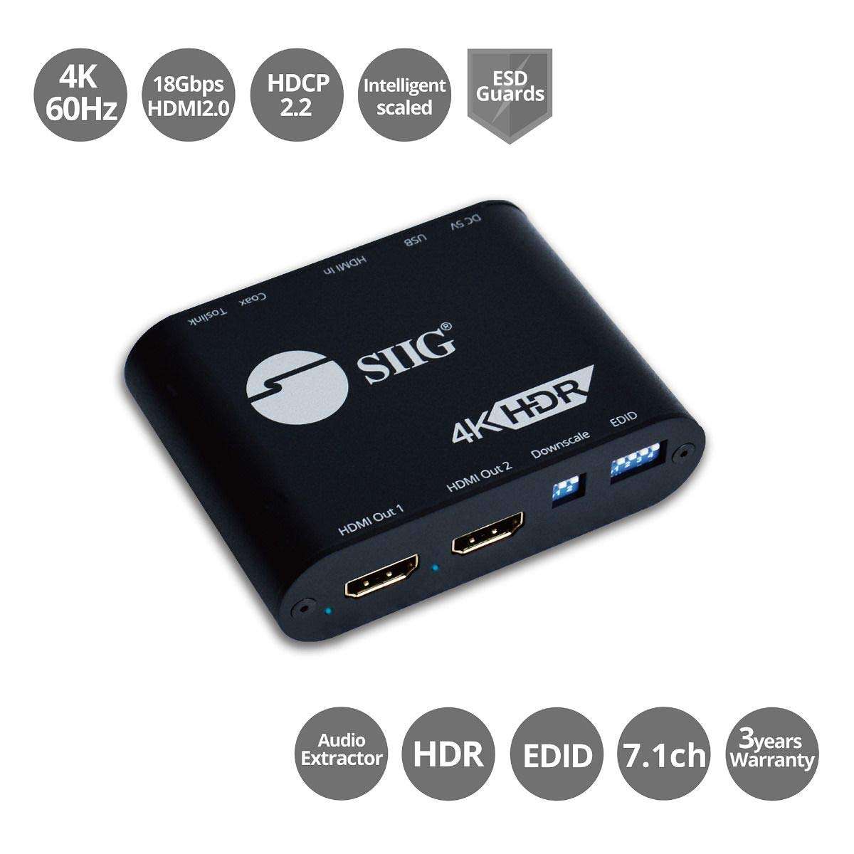 SIIG 1x2 HDMI 2.0 Splitter 4K 60Hz with HDMI Audio Extractor & Auto Downscaling (4K and 1080p Mixed Output) - HDCP 2.2, 3D, EDID, 1 in 2 Out, for Game Xbox PS5, TAA Compliant (CE-H24X11-S1) 2