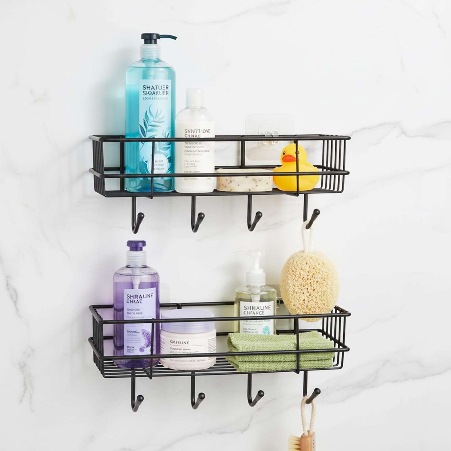 Amazon Basics Self-Adhesive Wall Shelf – No-Drill Multipurpose Bathroom/Kitchen Organizer with Hooks and Towel Holder, Rust Proof GI Steel Organizer | Black, 28.2 x 9.8 x 11.5 cm, Pack of 2 1