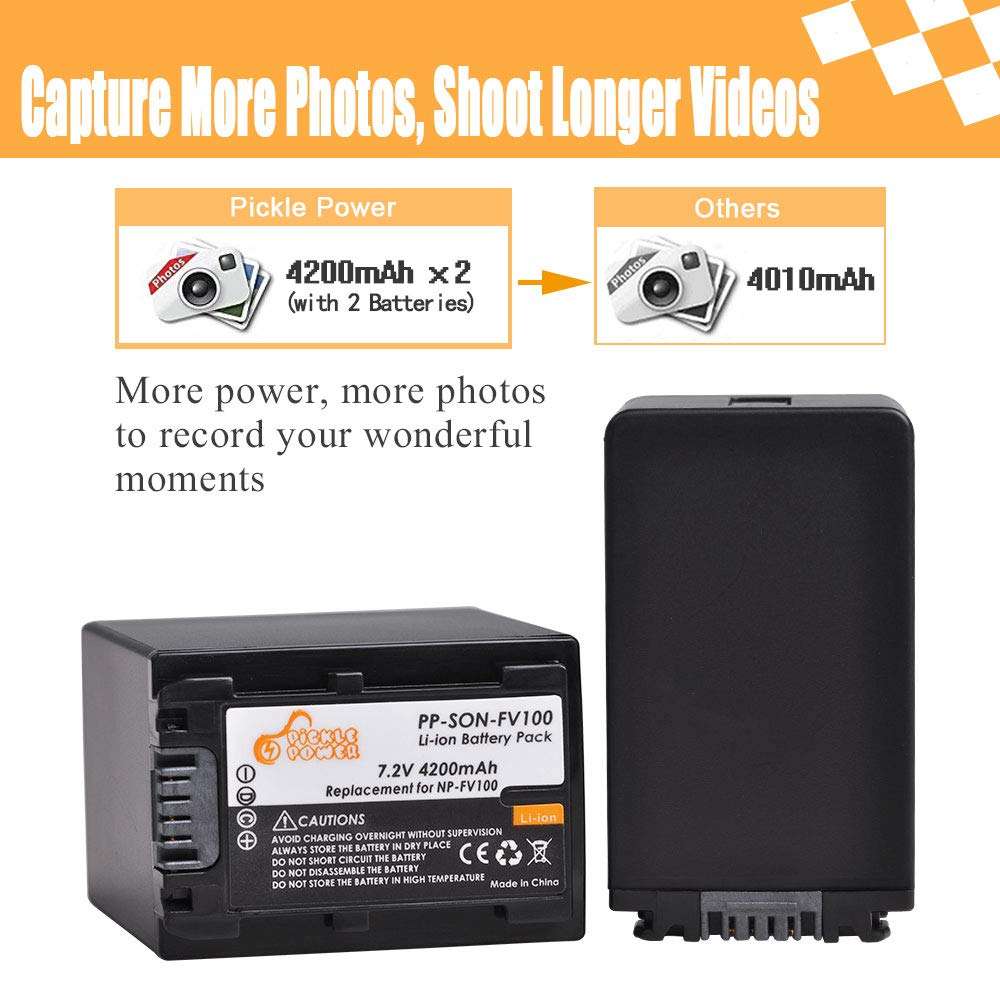 Pickle Power NP-FV100 Battery and Dual Slots USB Charger Compatible with DCR-SR15, SX44, SX45, SX63, SX65, SX83, SX85, FDR-AX100, HDR-CX105, CX350V, CX360V, CX550V, CX560V, CX700V, PJ10, PJ30, PJ50 2
