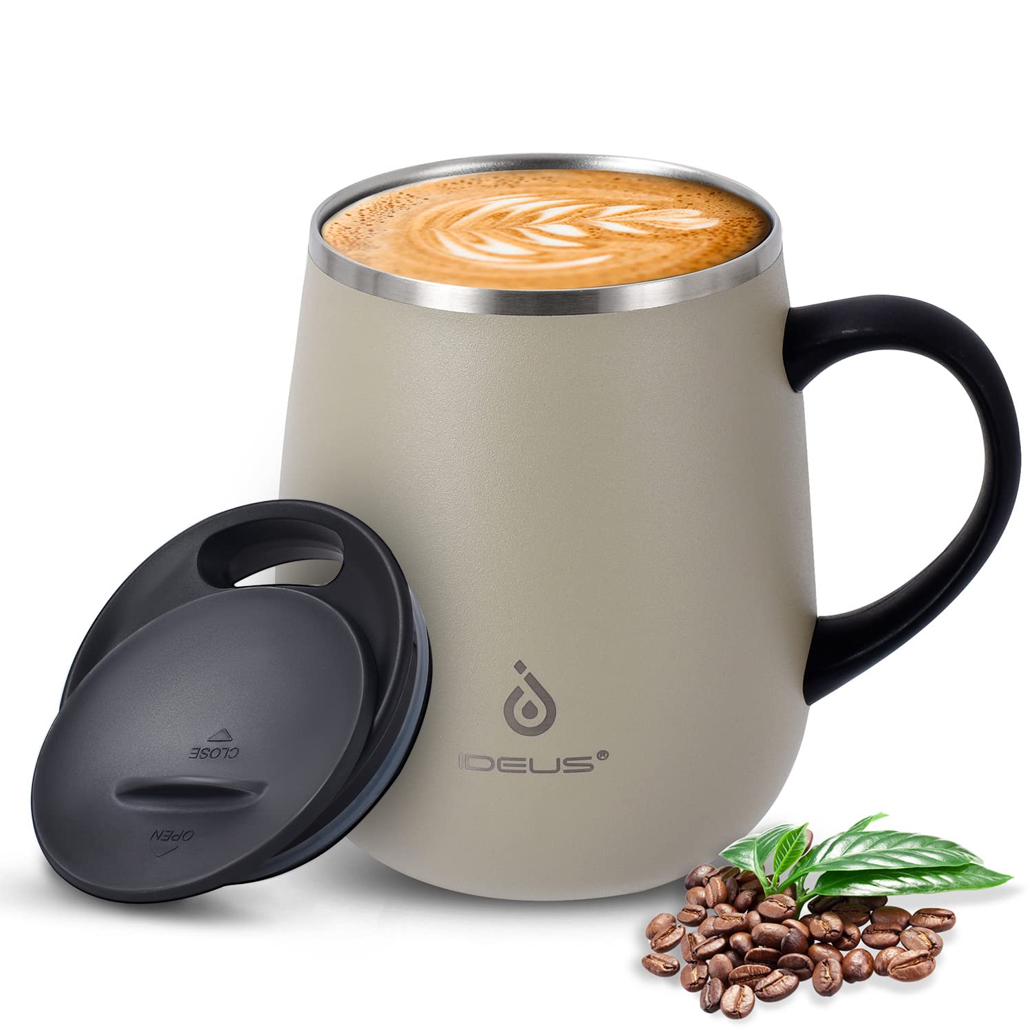 Ideus 16 oz (470 ml) Insulated Coffee Mug with Handle and Lid, Double Wall Stainless Steel Vacuum Thermal Coffee Mug, Travel Coffee Cup Thermal Cup for Home and Office (Mars Celadon)