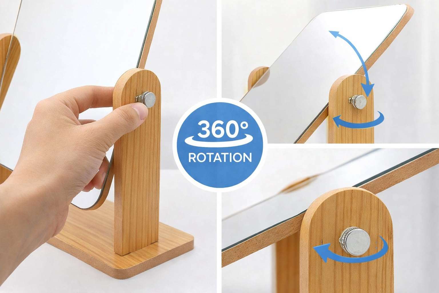 CRAVILA Wooden Tabletop Makeup Mirror 360 Degree Portable Adjustable Table Desk Mirror Vanity Make up Bathroom Living Room Shave Make up Mirror Big 5