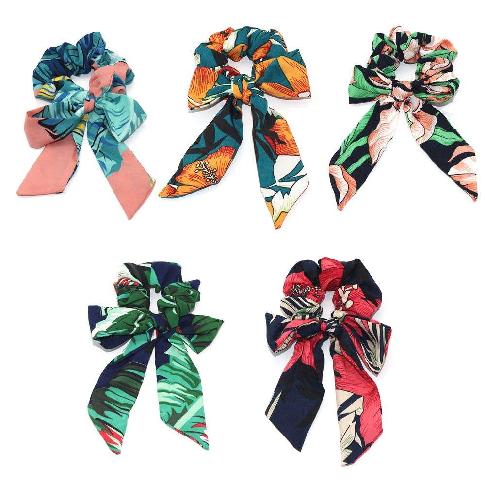 Tropical Travel Style Scrunchy Hair Rope Ties,Ribbon Bow Scrunchies Elastics Hair Bands,Soft Scarf Hair Ties Bowknot Ponytail Holder for Women Girls (Printed Scrunchies -5PCS-A) 2