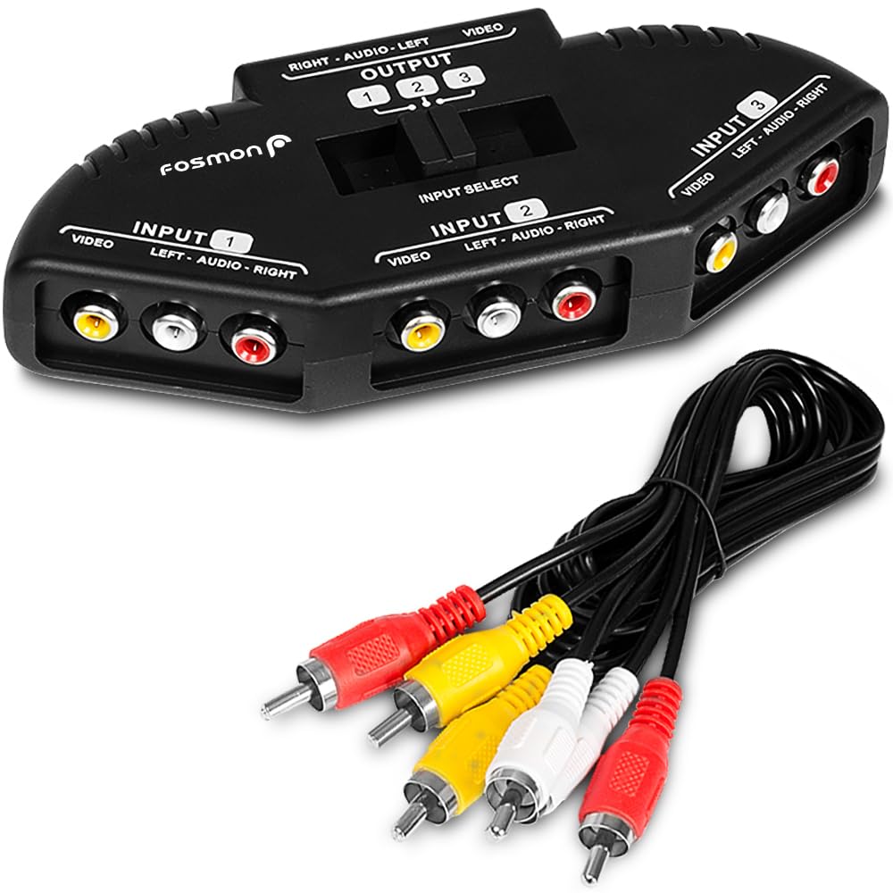 Fosmon 3-Way RCA Splitter & AV Switcher, 3 In (Female) 1 Out (Female) Audio Video Stereo Selector Switch Box with RCA Composite AV Patch Cable 2.6FT (1 Set) for HDTV, STB, Game Consoles