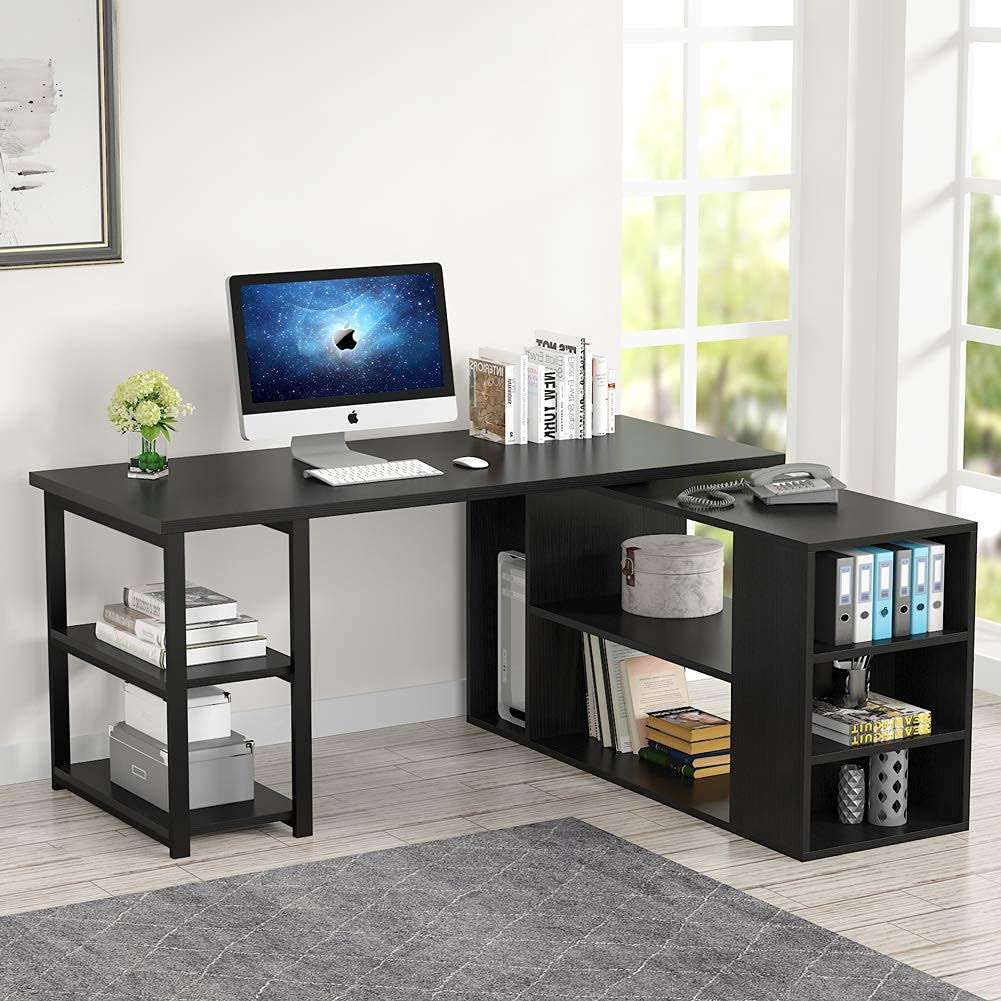 Tribesigns L-Shaped Computer Desk, Rotating Corner Computer Desk with Bookcase and File Cabinet, Reversible L Shaped Office Desk for Home Office (Black) 4
