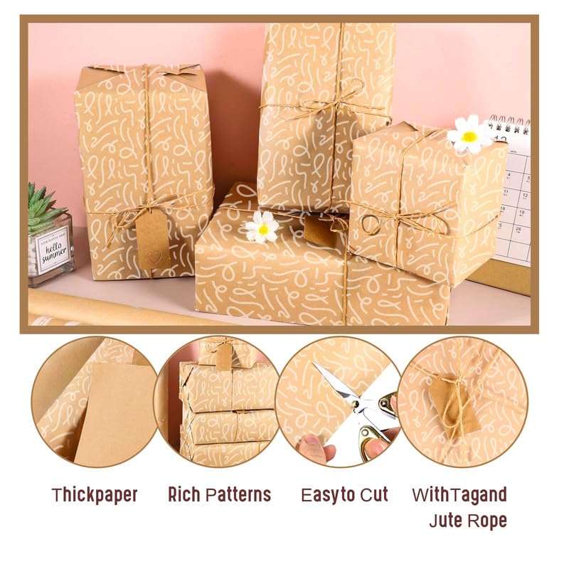 TOWNBUS | Pack of 20 |45cm x 60cm |100 GSM Kraft Paper with Minimal Lines Print & Smudge dots in White | with 20 Tags & Jute Ropes | Perfect for Gift Packing, Bouquet Wrapping and so on 4