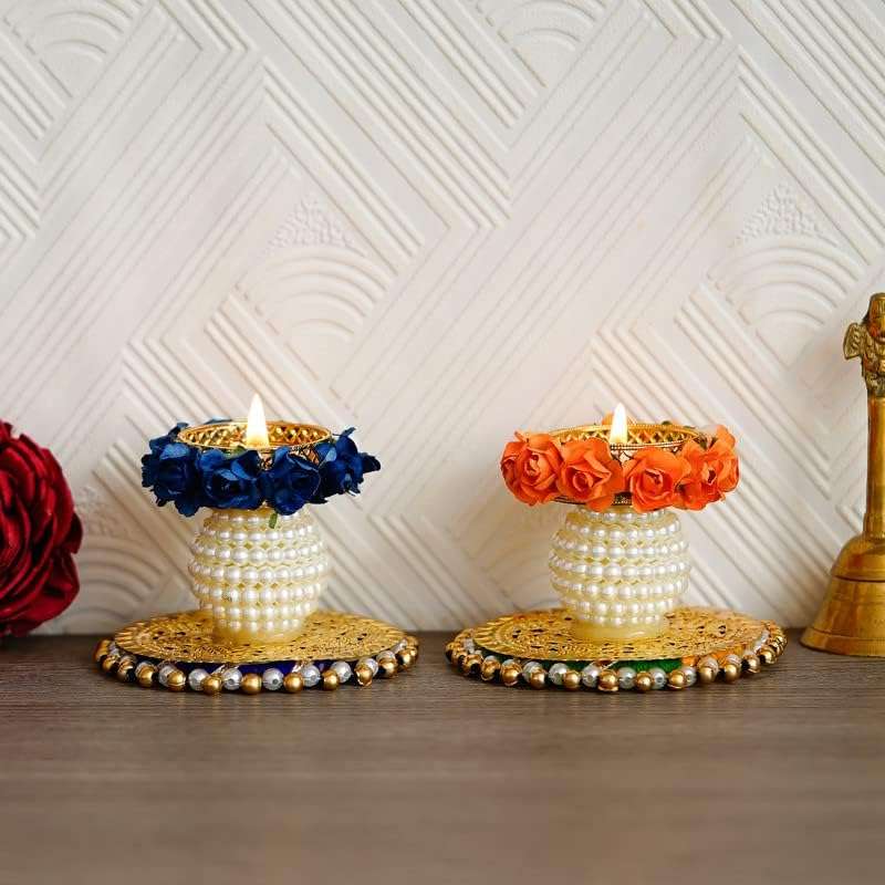 Divyakosh Multicolour Pearl Decoration Candle Holders/Rangoli Tealights for Puja Decor|Tealights, Lotus Diya for Pooja, Festival Decor|Lotus Deepam (Orange 10), Diya for puja 3