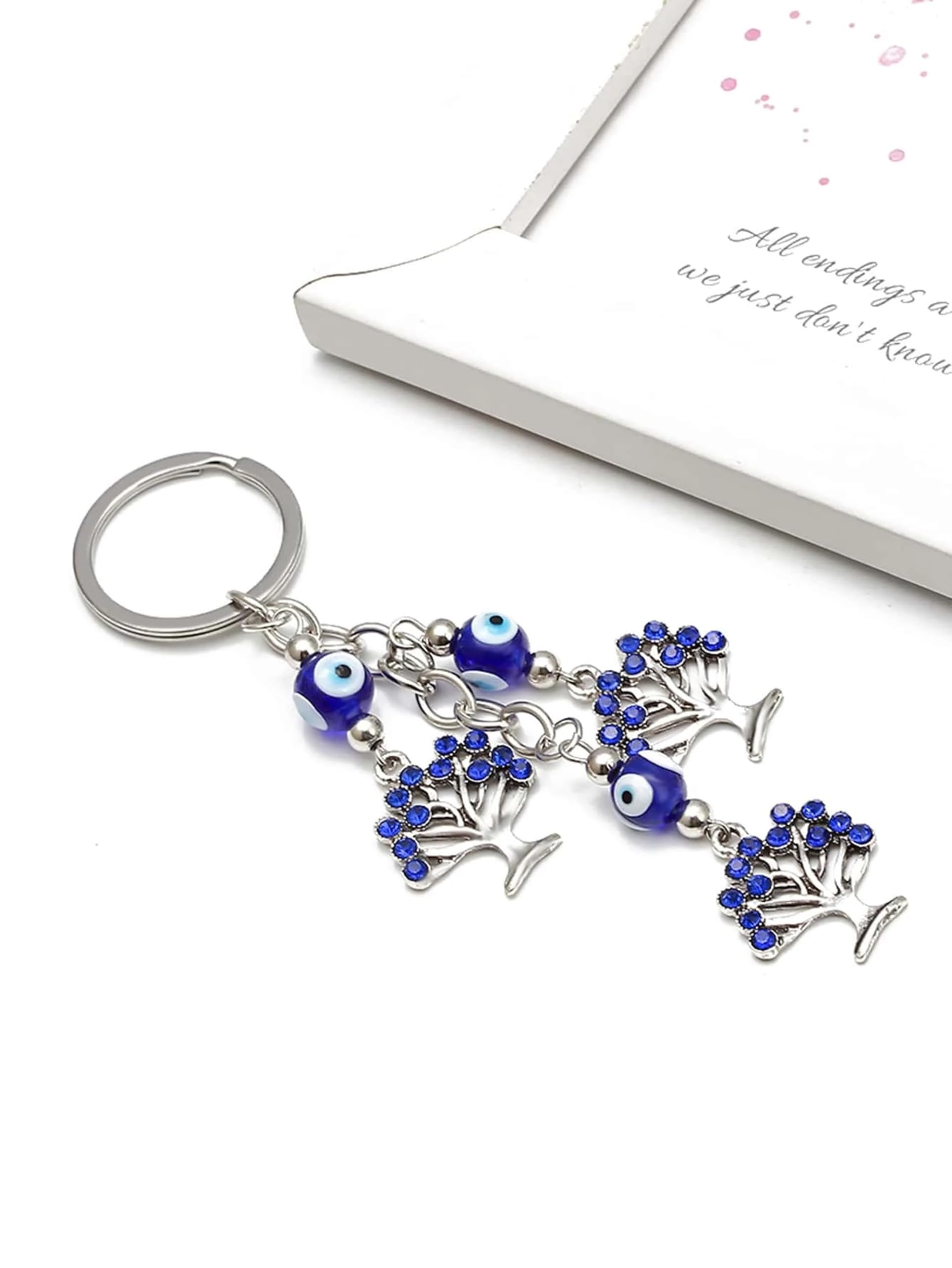 AUGEN Premium Blue Evil Eye Three Trees Design Keychain Metal Vastu Good Luck Charm Protection With Key Ring Anti-Rust (Pack Of 1) 4