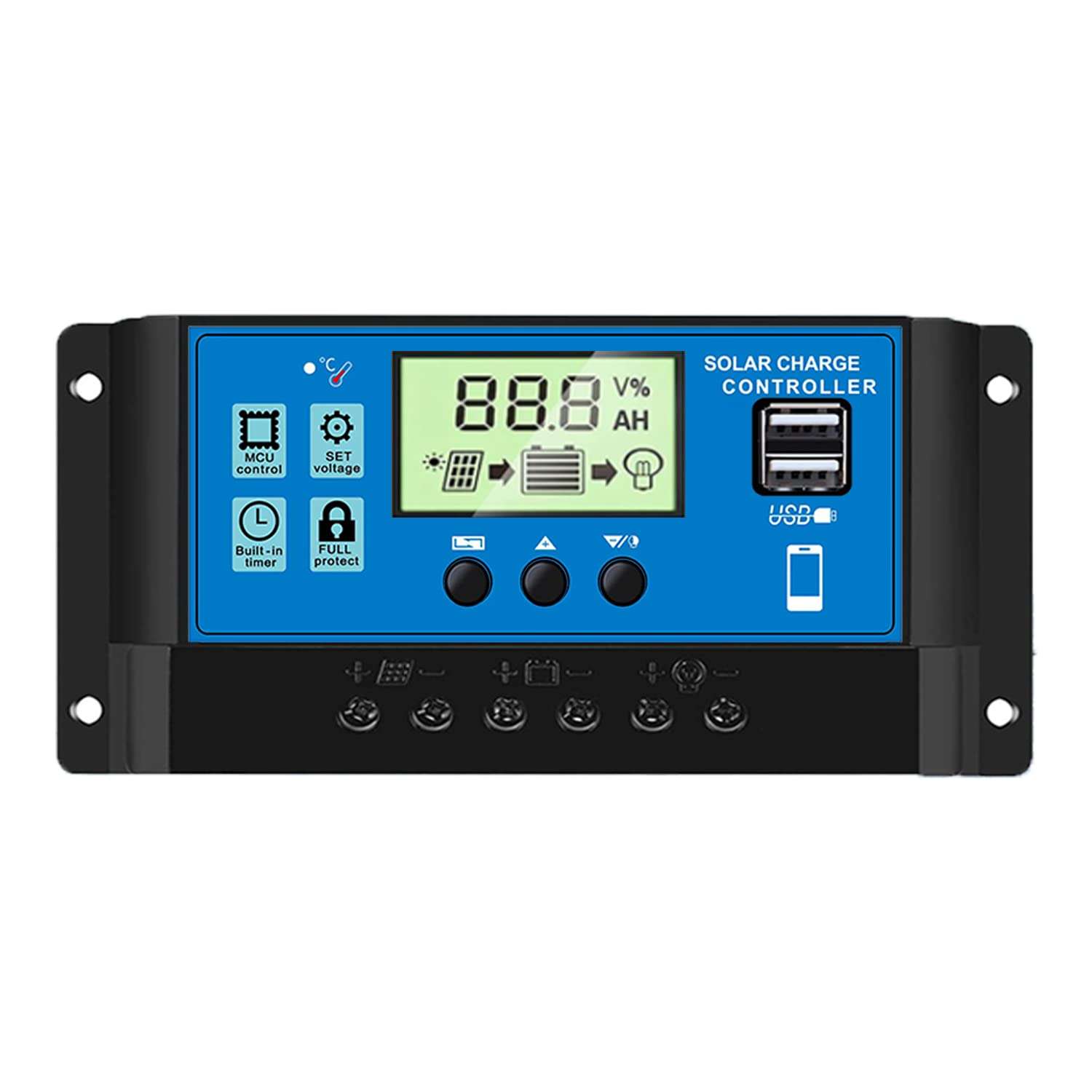 60A Solar Panel Charge Controller 12V 24V,Solar Battery Adjustable Parameter LCD Display Current Capacity and Timer Setting,Charge Controller with Dual USB Port (Blue) 1