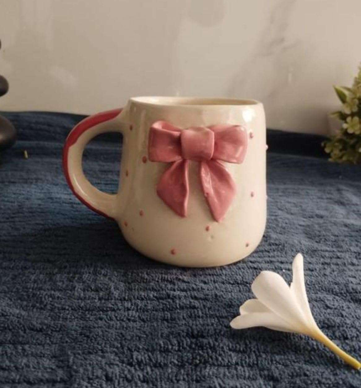 THE INDIAN HOME Cute Pink Bow Ceramic Mug for Coffee Tea Milk | 3D Bow Design Gift Mug for Girls Women Kids | Premium Glazed Polka Dot Finish (1) 5