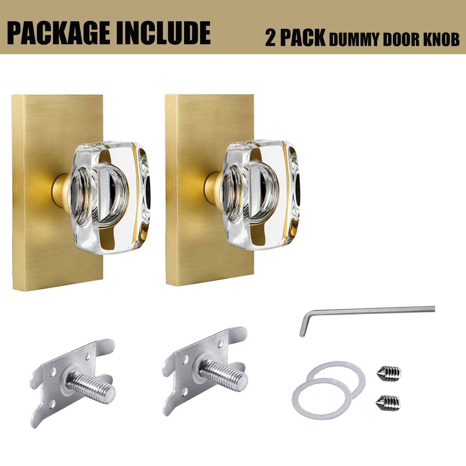 HIEMEY Satin Brass Crystal Glass Dummy Door Knob Interior, Gold Dummy Door Knob for Closet Hall Rectangular Single Side Non-Turning Inactive, 2 Pack 6