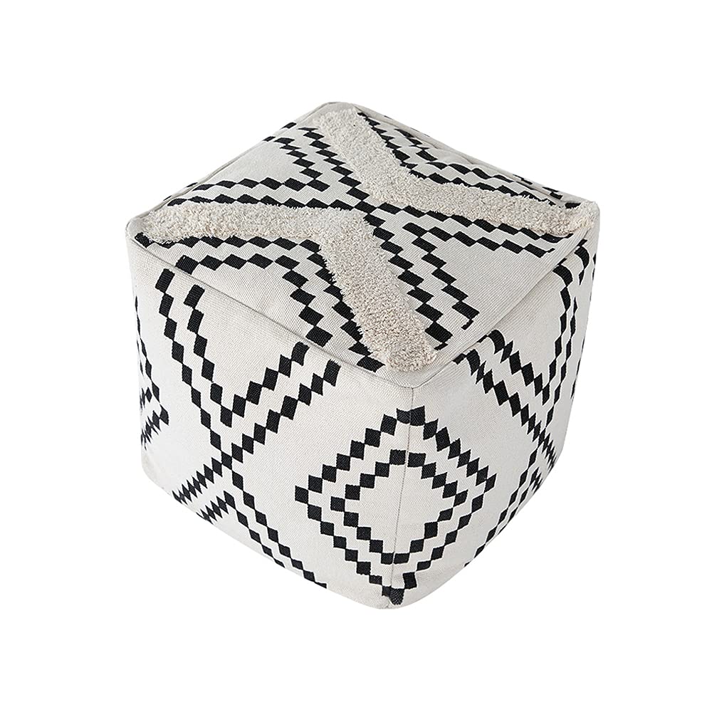 MOCOFO Decorative Square Pouf Cover for Bedroom Boho Cotton Unstuffed Pouf Footstool (Black Diamond,18x18x18)