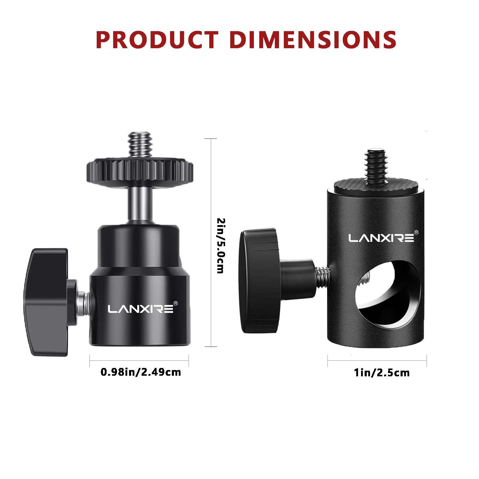 Lanxire Light Stand Mount Adapter with 1/4’’ Screw Mini Ball Head - Compatible with Camera Monitor, Ring Light, Fits Flat Head Light Stand, Boom Arm - Max Load up to 4.4lb/2kg 2