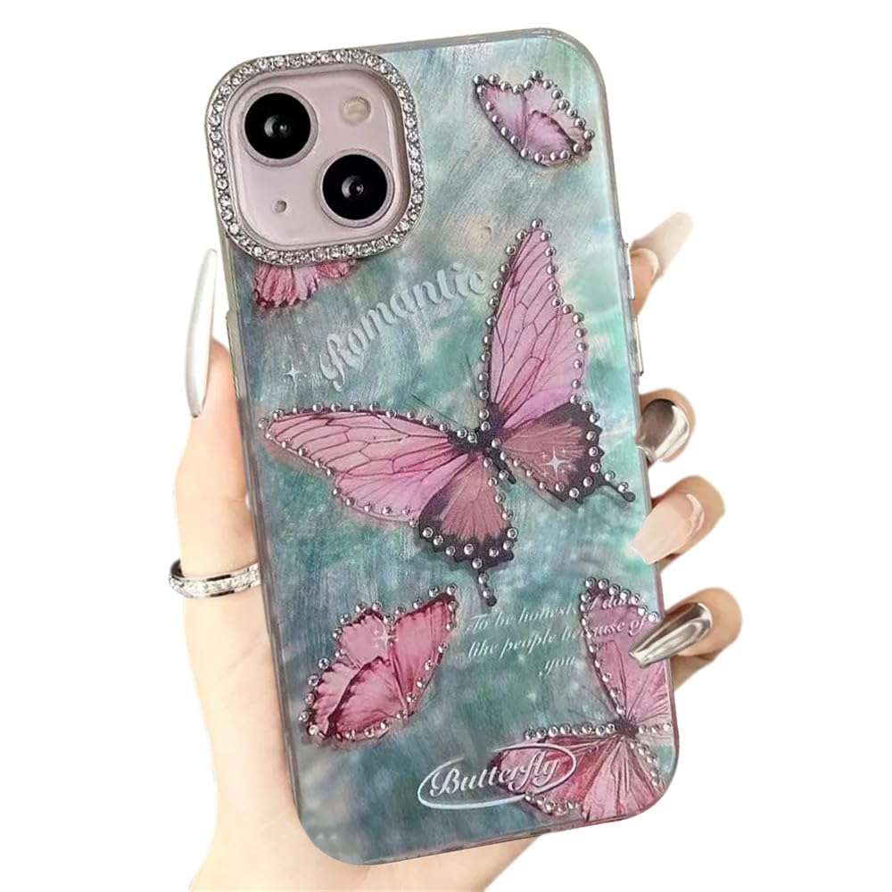 mobistyle Designed for iPhone 15 Cover Glitter Diamond Butterfly Design Phone Back Cover Case (Pink Butterfly) 1
