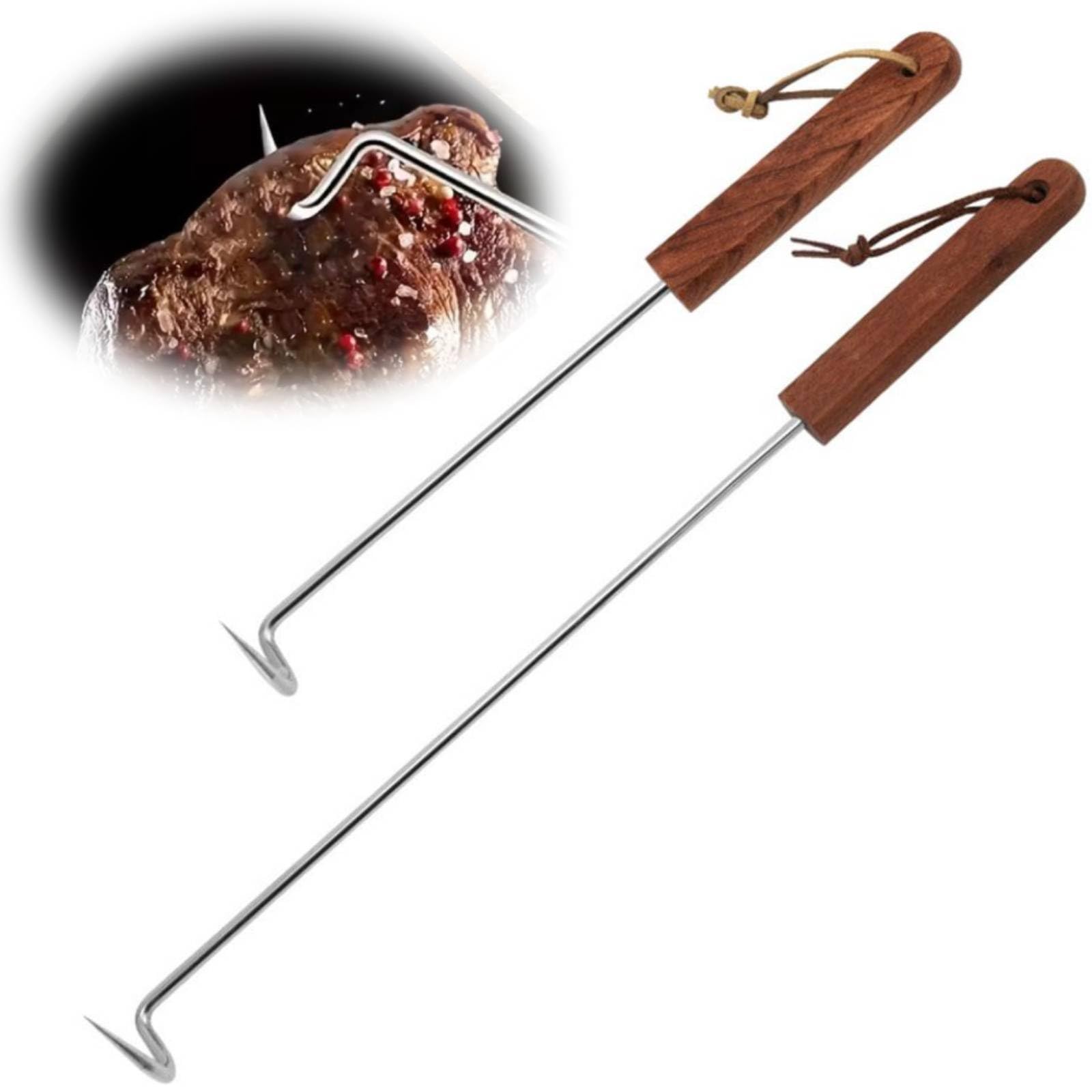 2Pcs BBQ Food Flipper, Meat Flipper Hook, Pigtail Food Flipper, Stainless Steel BBQ Meat Turner Hook for Grilling Smoking Griddle, Right-Handed (S+L) 1
