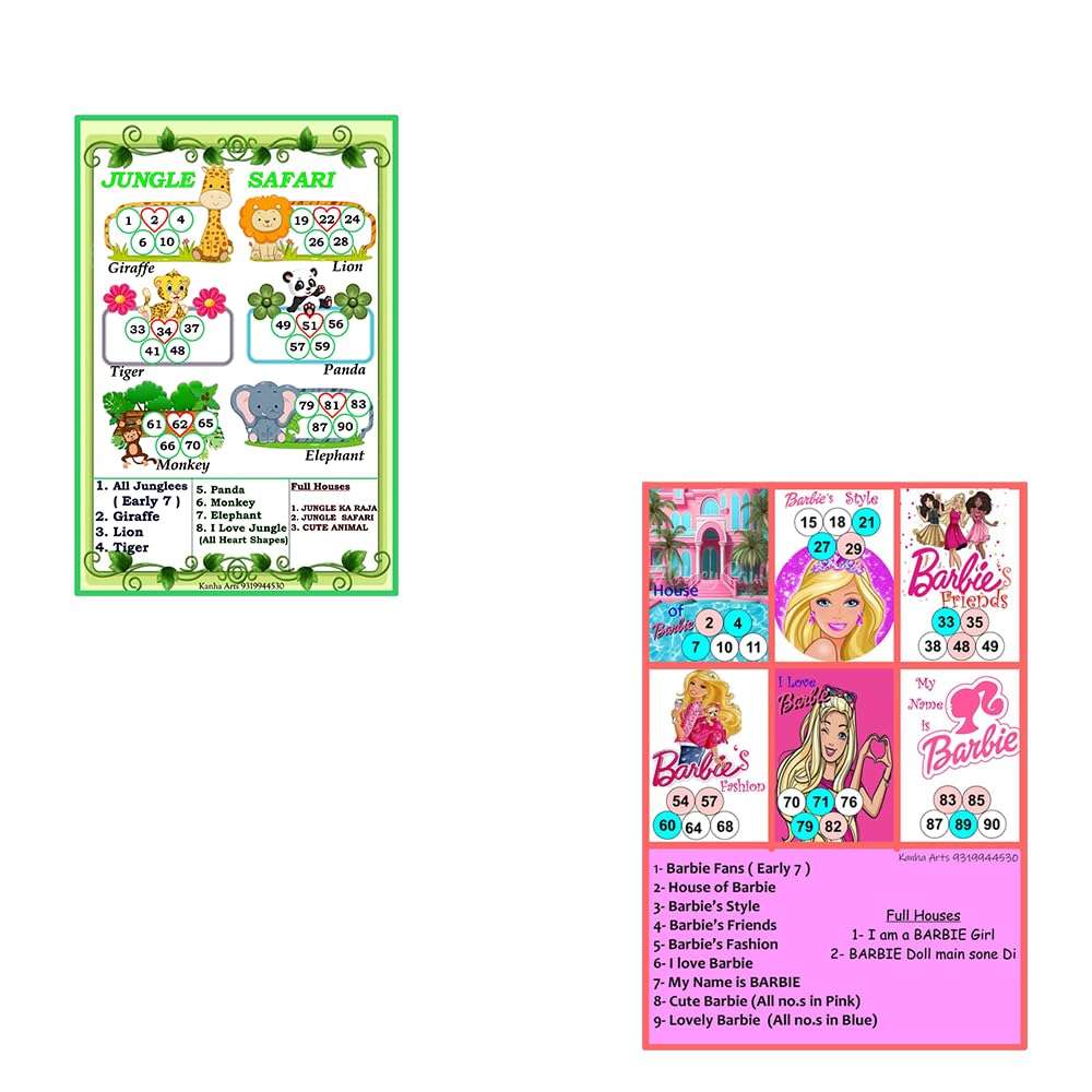 Kanha Arts Barbie Themetambola Tickets & Jungle Safari Theme Tambola Ticket Durable Hard Card Sheet Material for Interactive Learning & Play 1