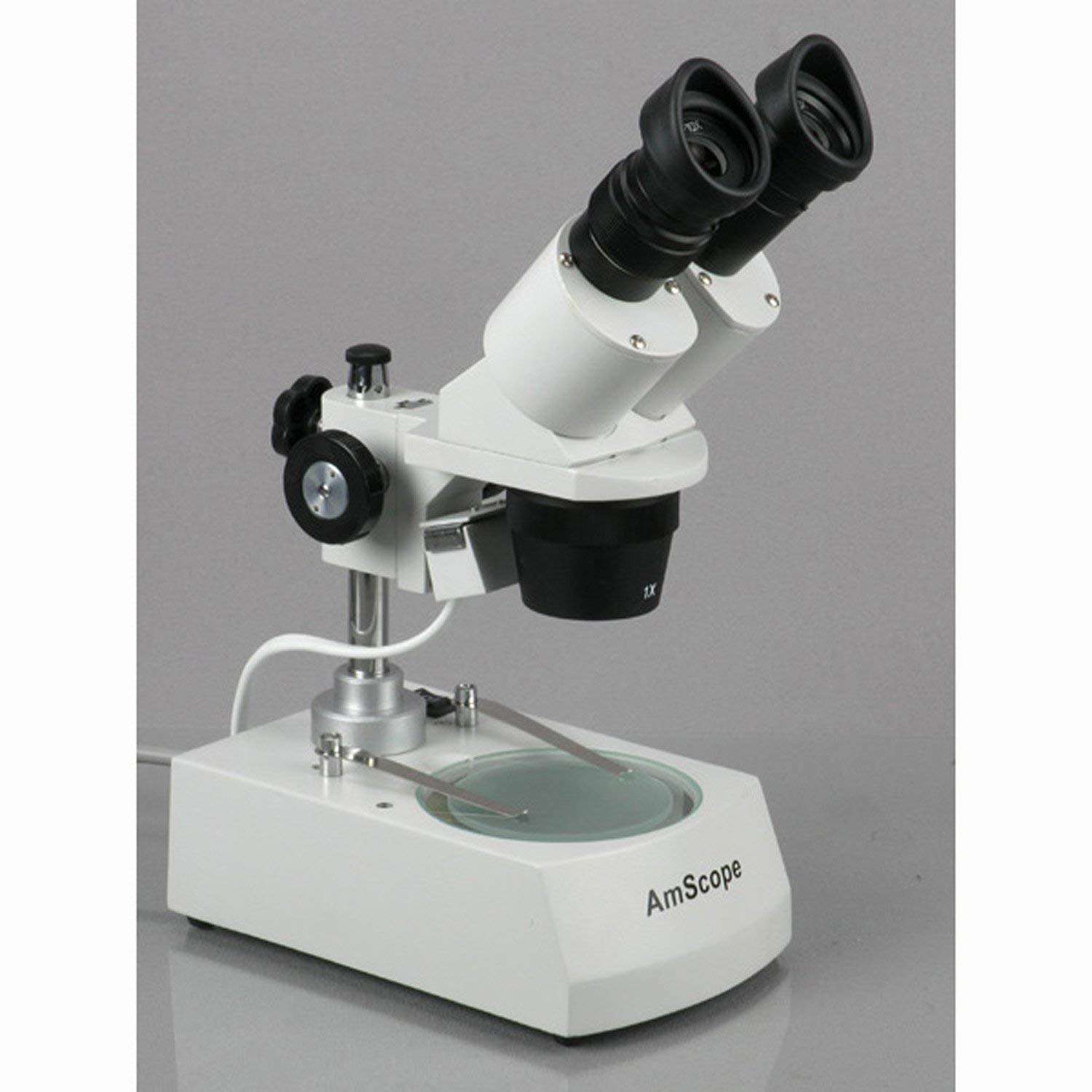 AmScope SE305R-P Forward-Mounted Binocular Stereo Microscope, WF10x Eyepieces, 10X and 30X Magnification, 1X and 3X Objectives, Upper and Lower Halogen Lighting, Reversible Black/White Stage Plate, Pillar Stand, 120V 3