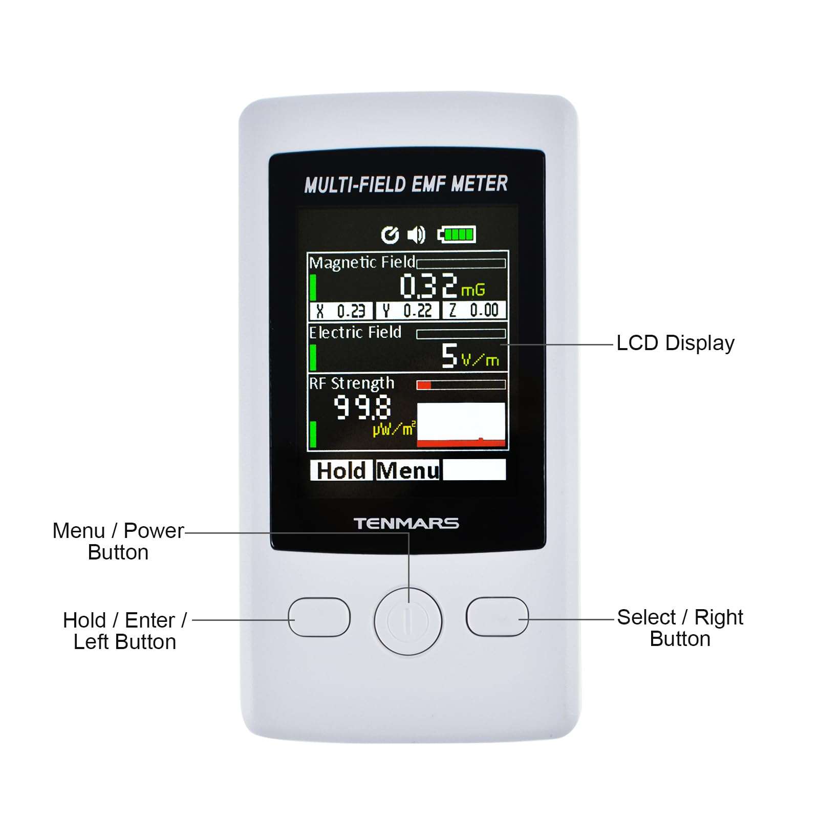 TENMARS Multi-Field EMF Meter Pocket ELF RF Gauss Meter 2000mG Electromagnetic Electric RF Field Strength Tester with Warning Indicator 4