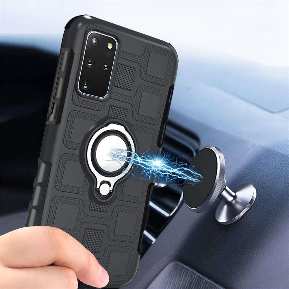 Phone Case for Samsung Galaxy S20 Plus Glaxay S20+ 5G with Tempered Glass Screen Protector Cover and Stand Ring Holder Hybrid Hard Cell Accessories Gaxaly S20+5G S20plus 20S + S 20 20+ G5 Cases Black 3