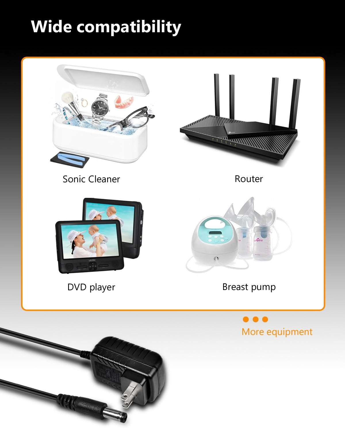 Universal 12V AC/DC Adapter Switching Power Supply with 8 Size Plugs, 24W Replacement Wall Charger Cord for Ultrasonic Jewelry Cleaner/SPS100 Breast Pumps/Portable DVD Player (Adapter+8 Plugs) 6