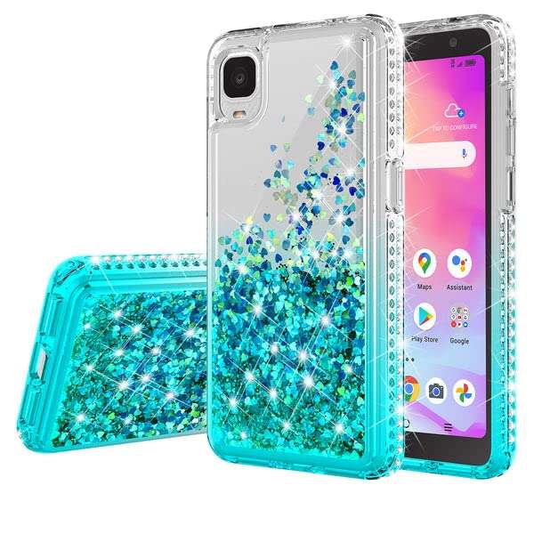 SPYCASE Liquid Glitter Phone Case for TCL ION Z / T501L / T501C Case w[Tempered Glass Screen Protector] Bling Diamond Girls Women- Aqua/Clear 1