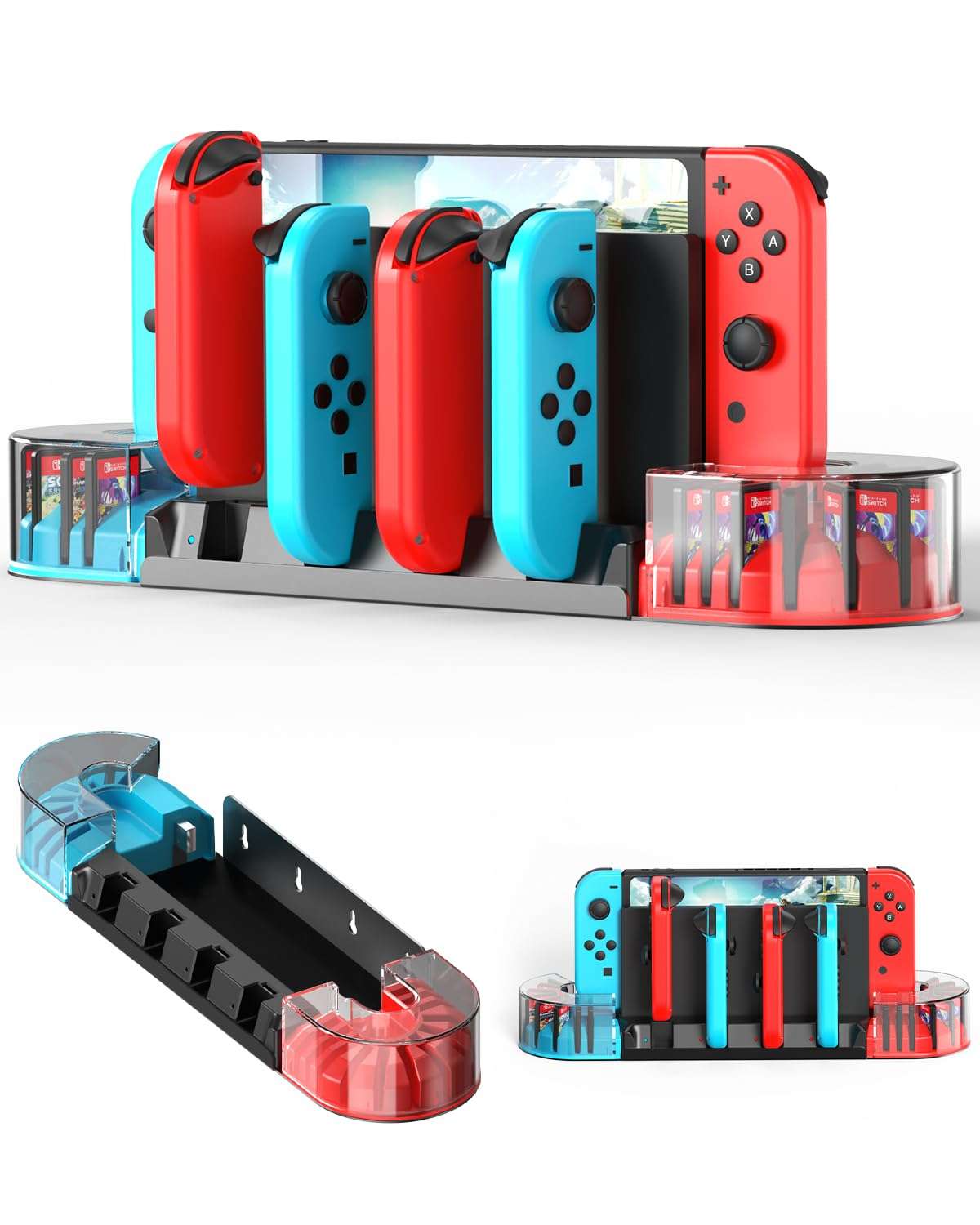 KUNSLUCK Switch Wall Mount with Joy-Con Charger, Wall Mount Switch Charging Dock Station with 20 Game Card Storage and 6 Charger for Joy-Con (Black)