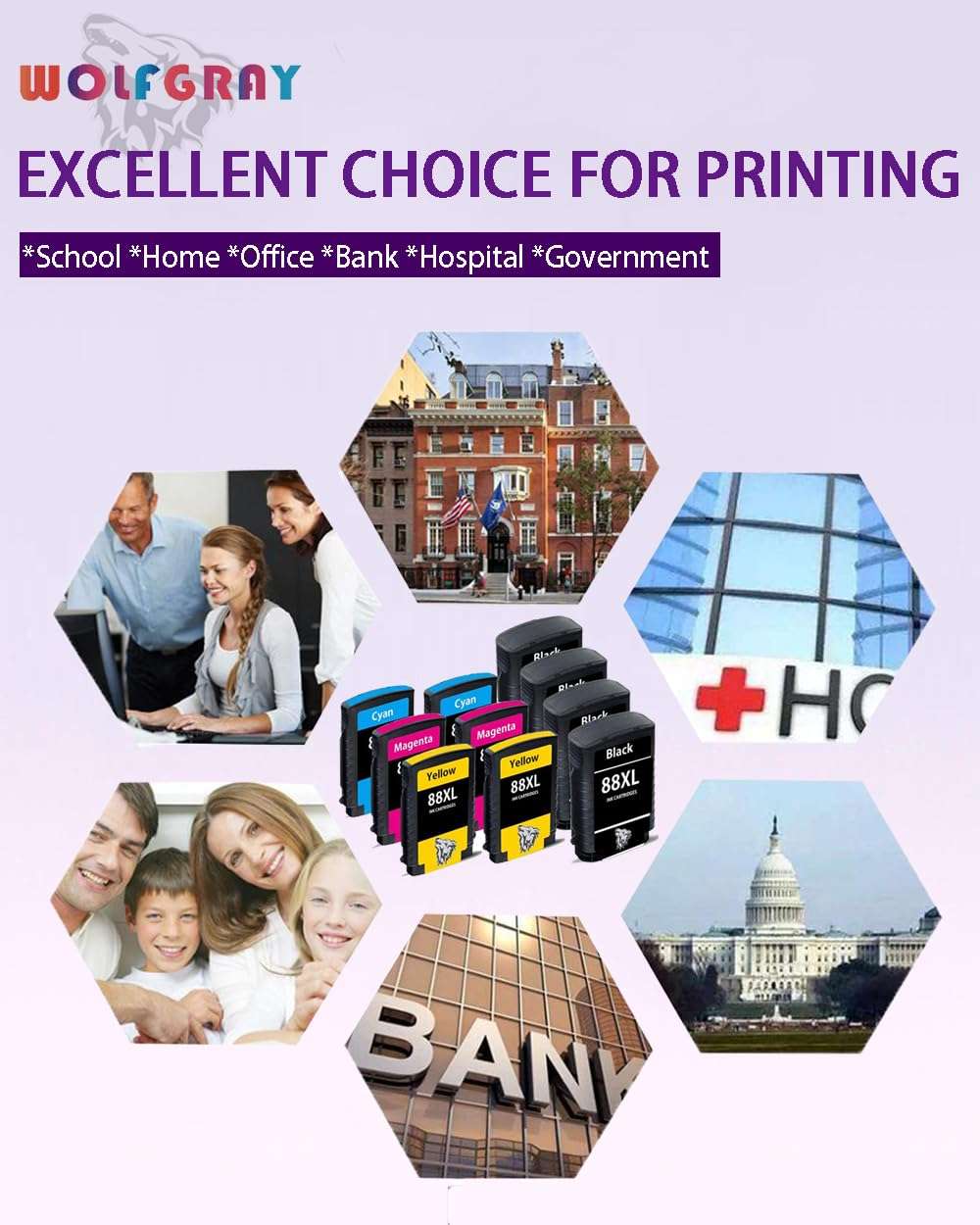 Wolfgray 88XL Ink Cartridge Compatible for HP 88XL 88 XL Ink Cartridge for HP Officejet Pro K5400 K550 K8600 L7480 L7550 L7580 L7590 L7650 L7680 L7750 L7780 Printer(4Black 2Cyan 2Magenta 2Yellow) 5
