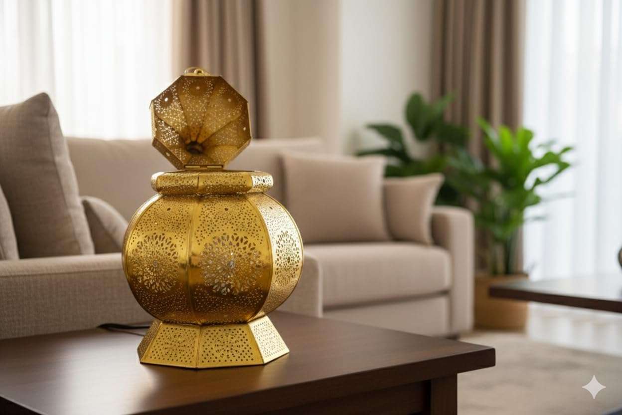 Luxury Golden Moroccan Lantern Lamp Ziva | Vintage Hanging Decorative Light | Handcrafted Iron Lantern for Home, Living Room, Garden, Balcony, Diwali, Eid, Wedding & Festive Decoration (28 CM) 6