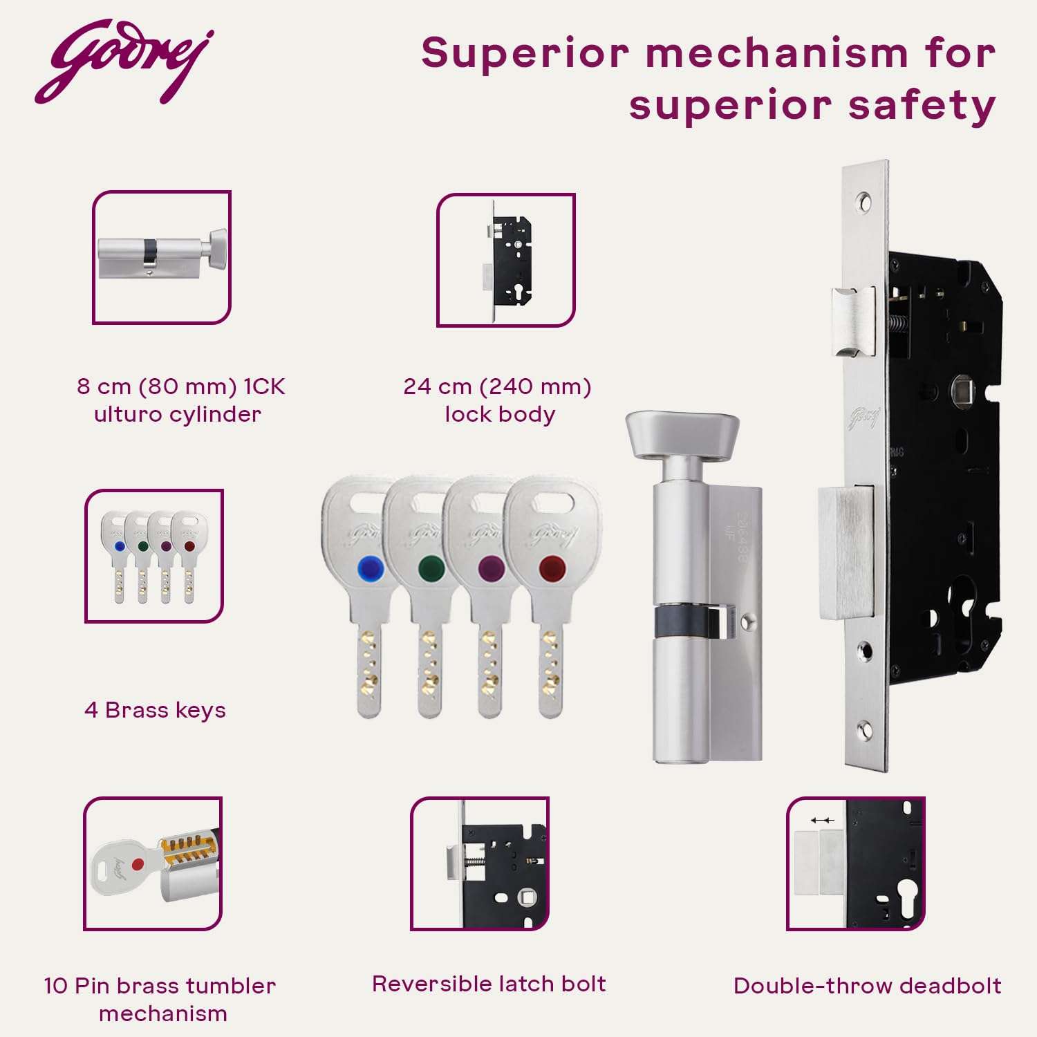 Godrej Mortise Lock|Handle Lock Set for Main & Bedroom Door|HDH 03 Rossette Home Décor Handle|Satin Steel Walnut Finish|9 Inch Lockbody|70mm 1CK Cylinder - Knob from Inside & 3 Keys | 5 Y Warranty 5