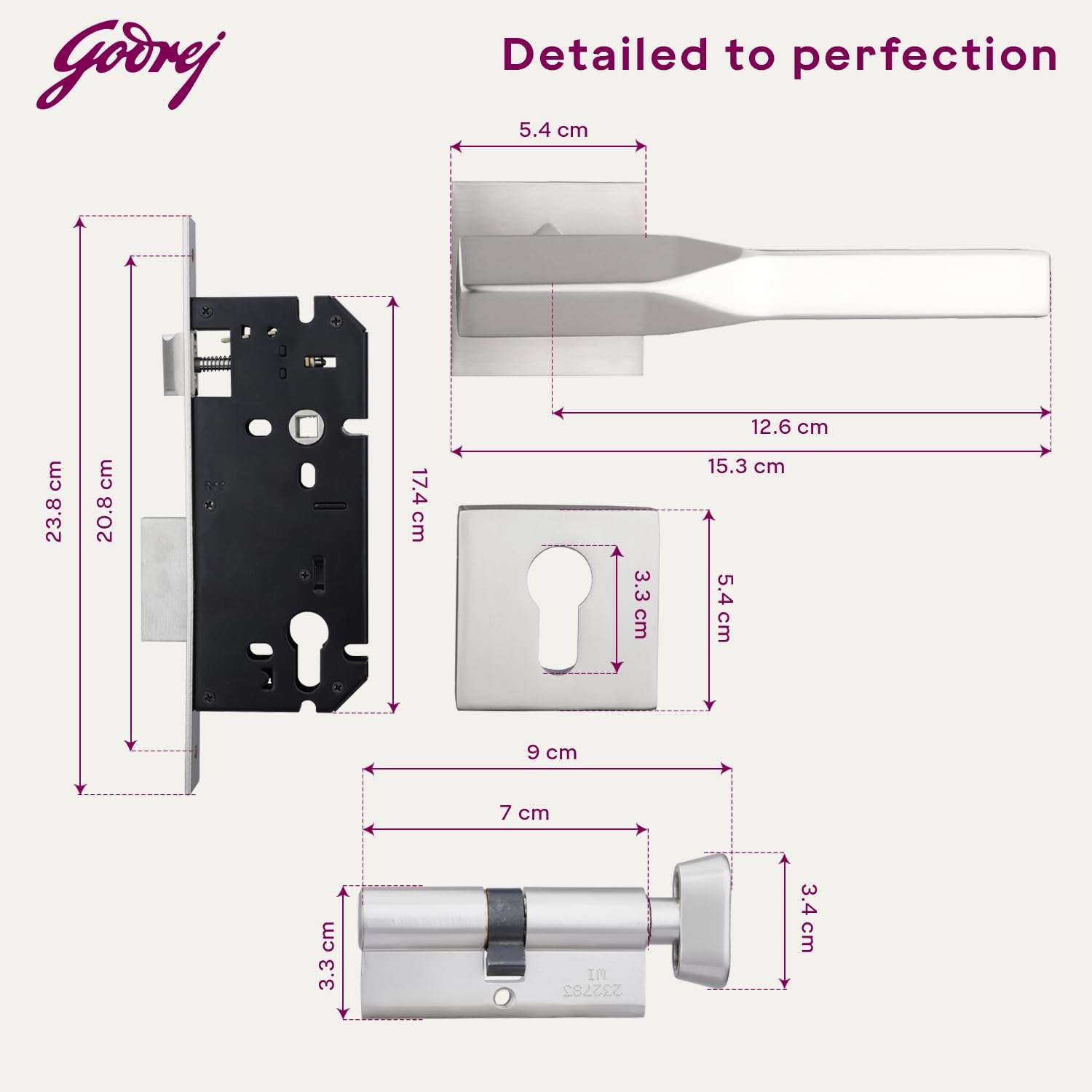 Godrej Mortise Lock|Handle Lock Set for Main & Bedroom Door|HDH 08 Rossette Home Décor Handle|Satin Steel Finish|9 Inch Lockbody|70 mm 1CK Cylinder - Knob from Inside & 3 Keys |5 Years Warranty 6