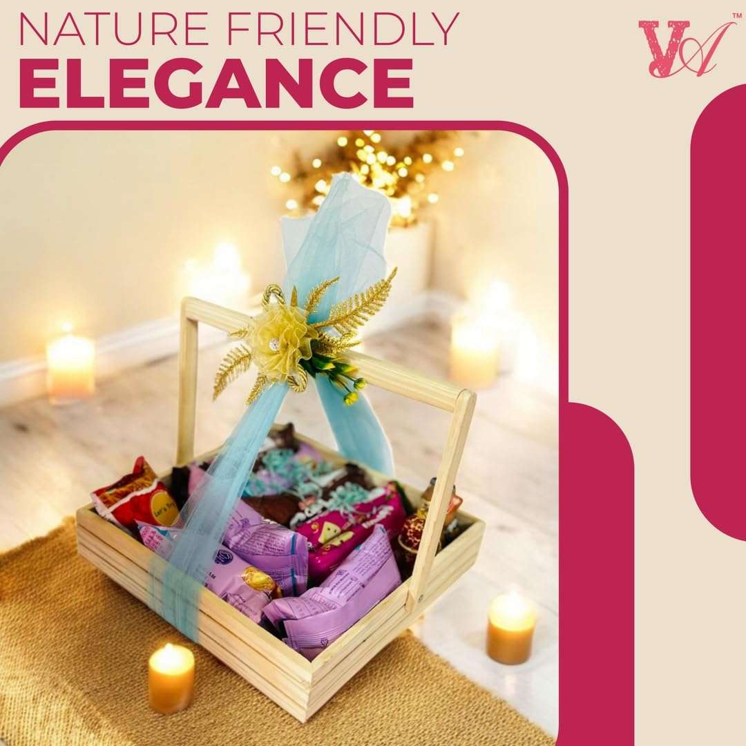 Vayu Art & Crafts Pinewood Gift Packaging Gift Hamper Basket with Handle (12x12x2.25"), 30x30x6 CM 3